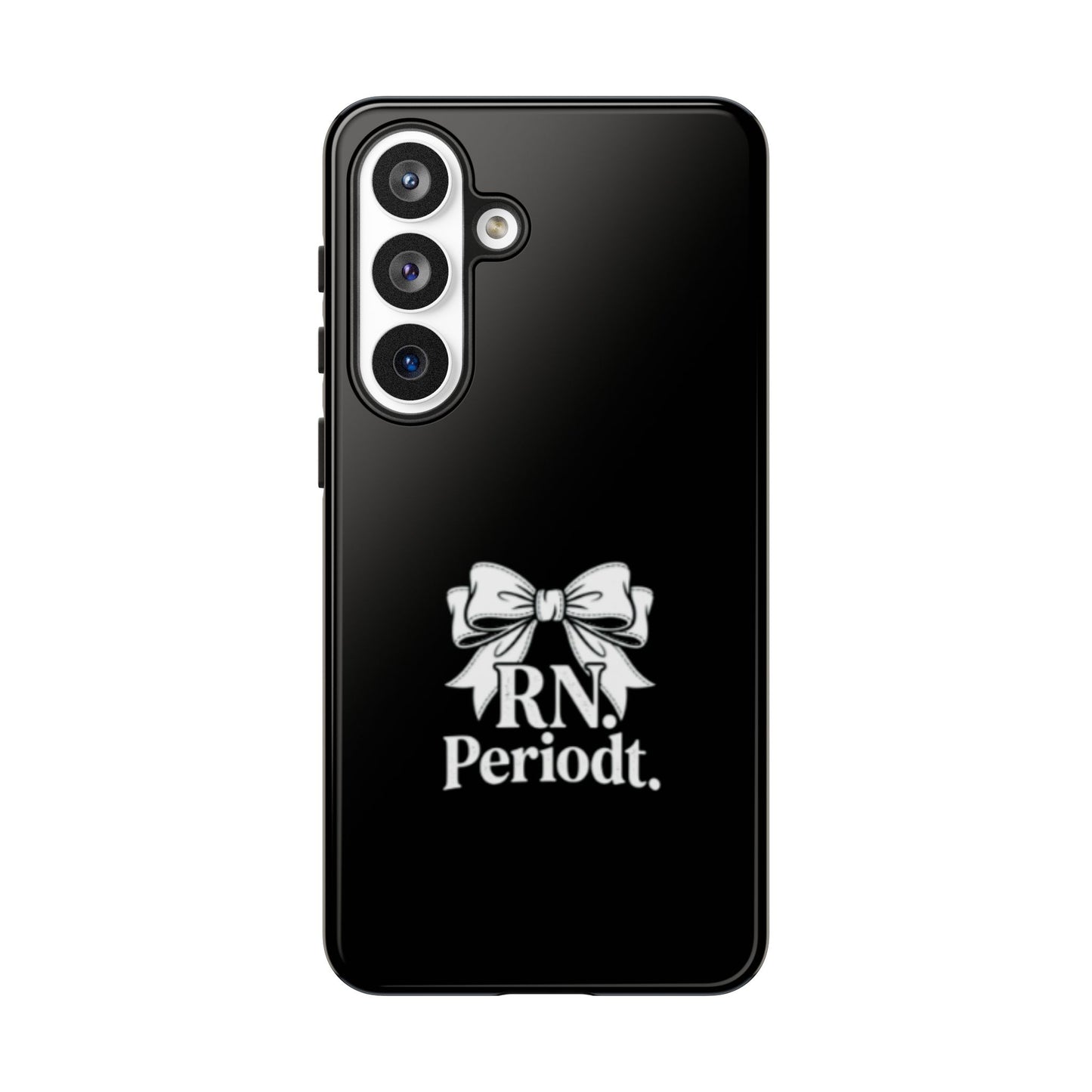 Front view of RN Phone Case with bold white bow print