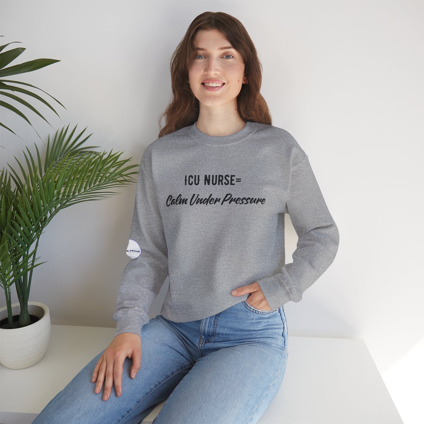Side view of ICU Nurse Sweatshirt with ribbed collar