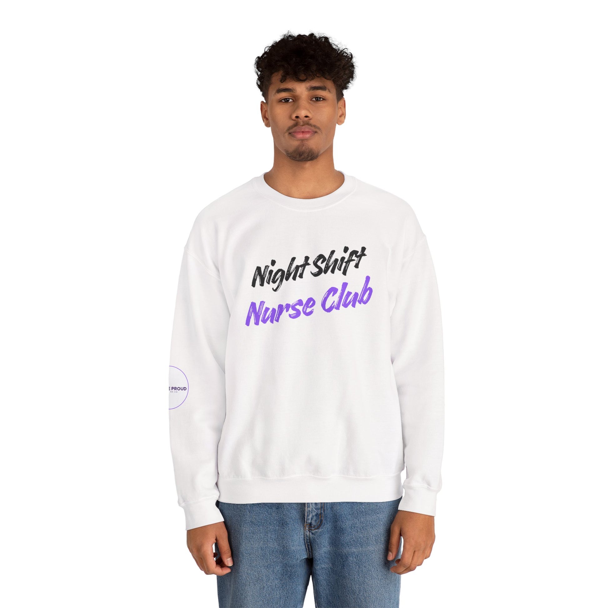 Front view of Night Shift Nurse Sweatshirt with clean white design