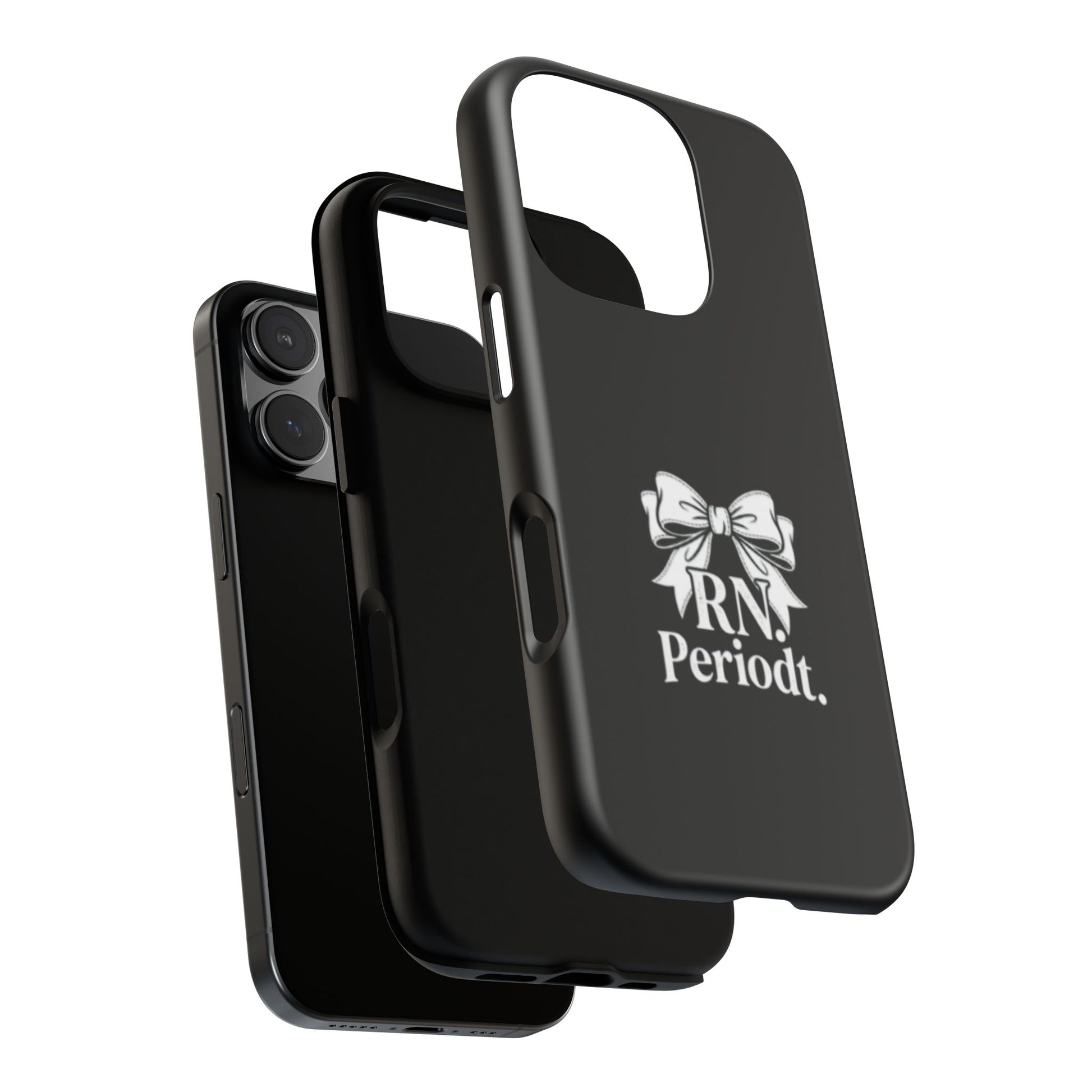 Front view of RN Phone Case with bold white bow print