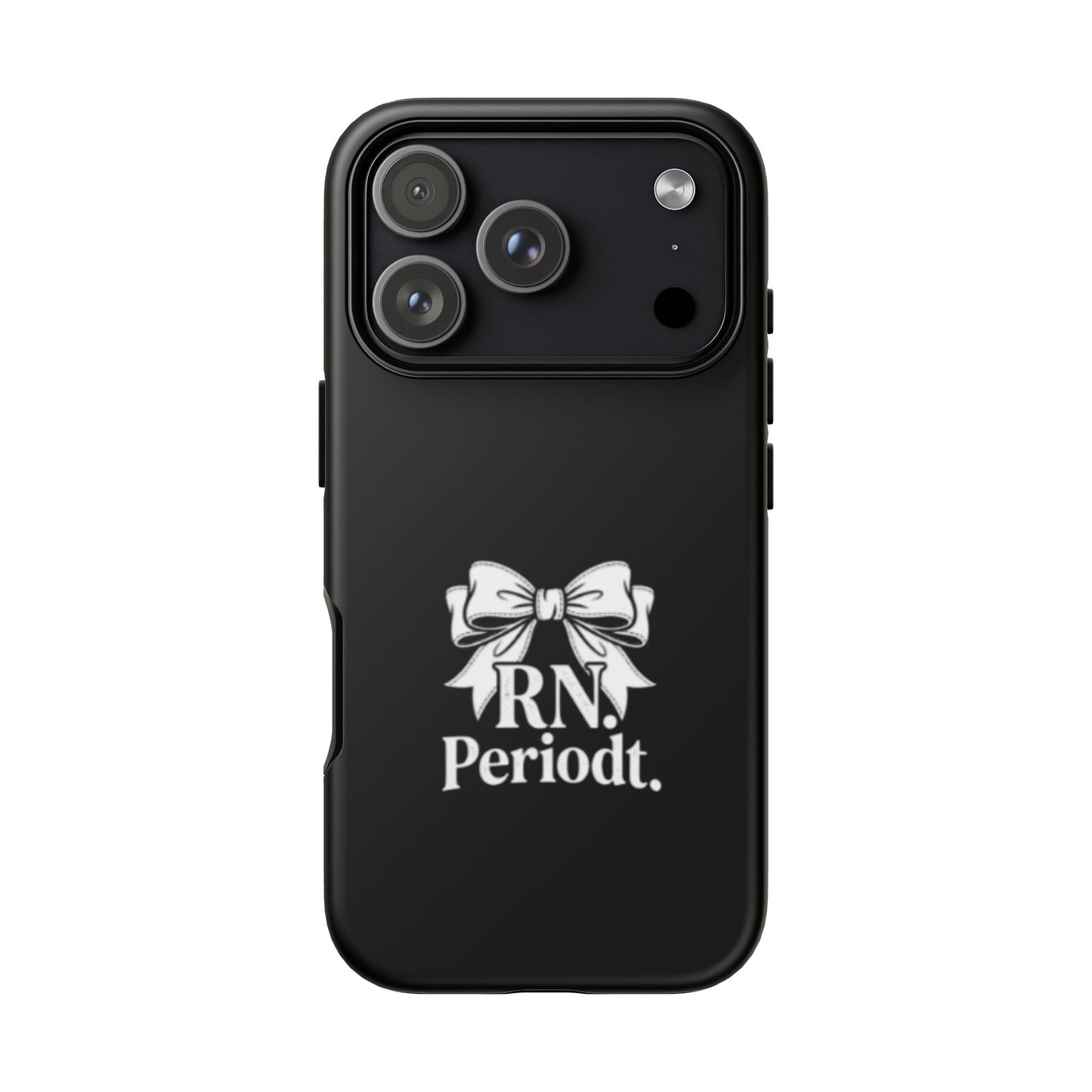 Front view of RN Phone Case with bold white bow print
