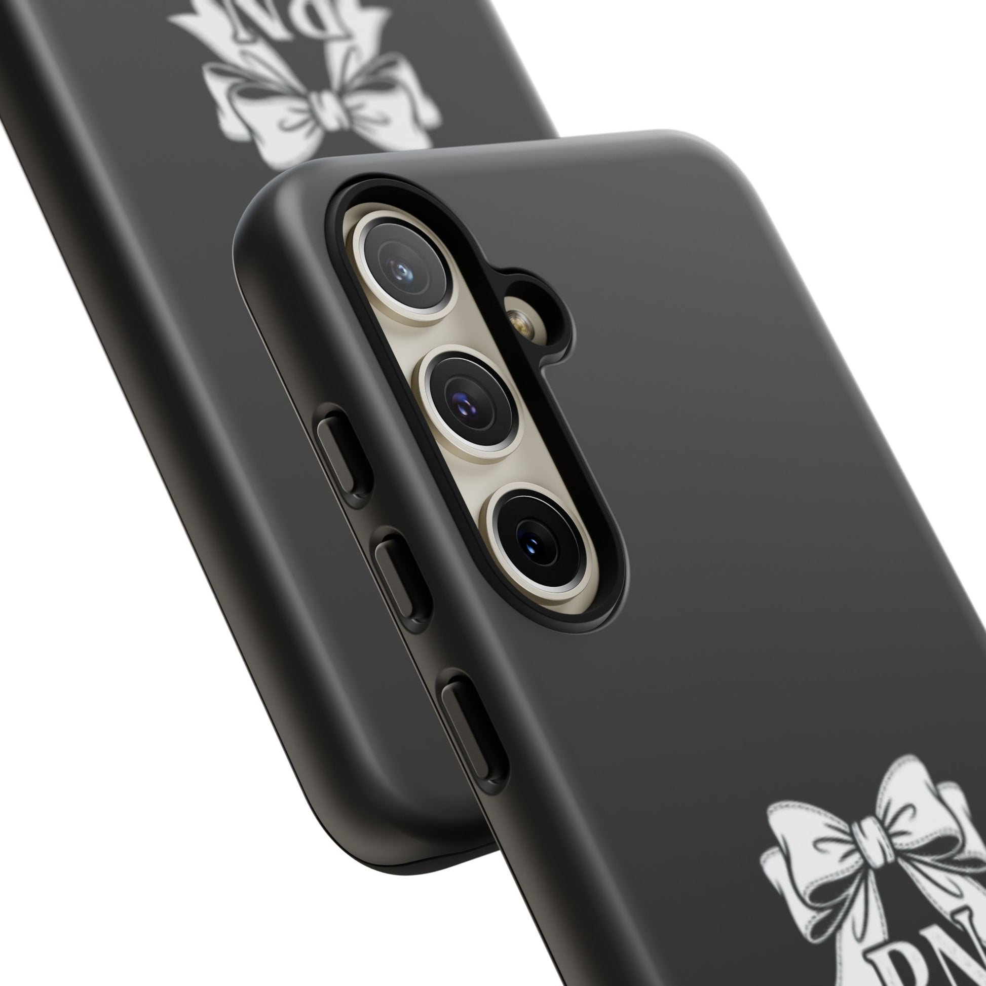 Front view of RN Phone Case with bold white bow print