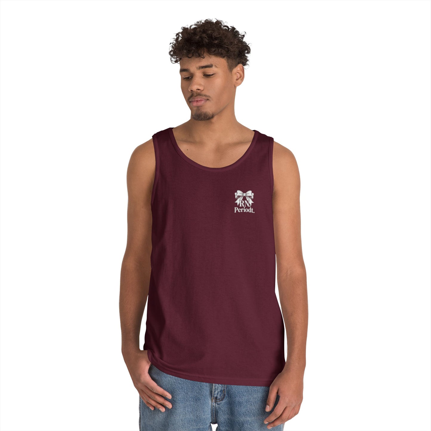 Bow Logo Tank Top worn layered under open shirt style
