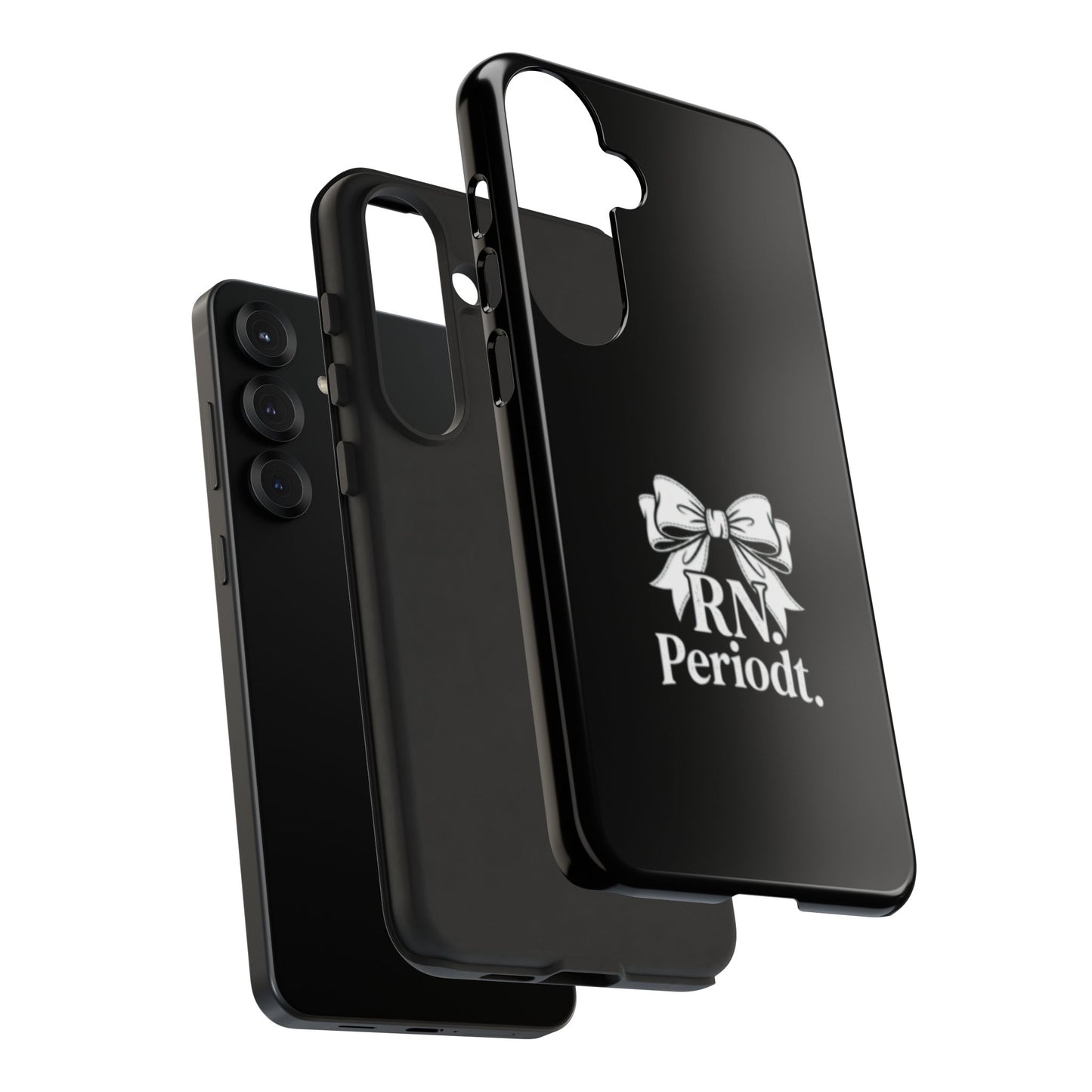 Front view of RN Phone Case with bold white bow print
