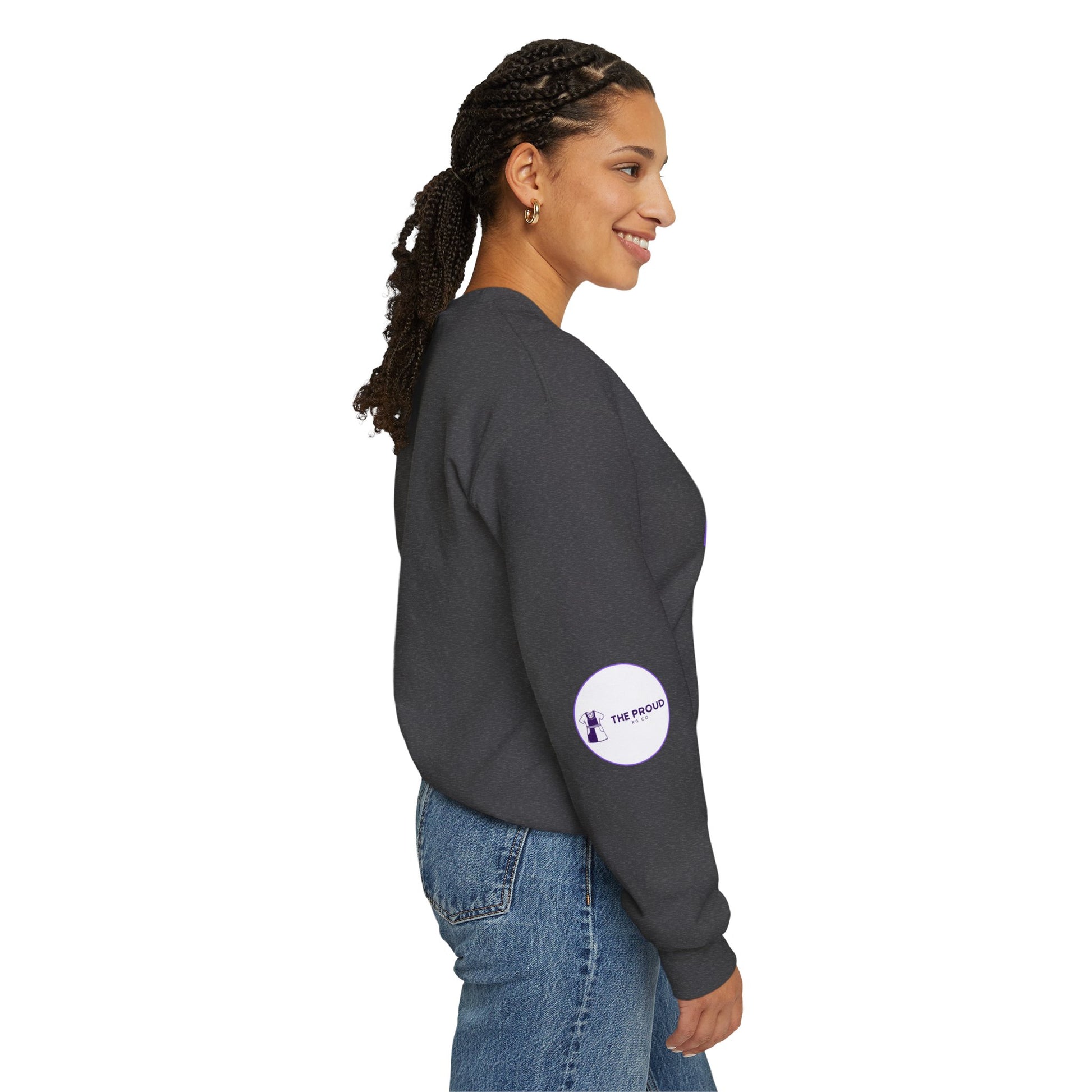 Night Shift Nurse Sweatshirt with embroidered purple lettering