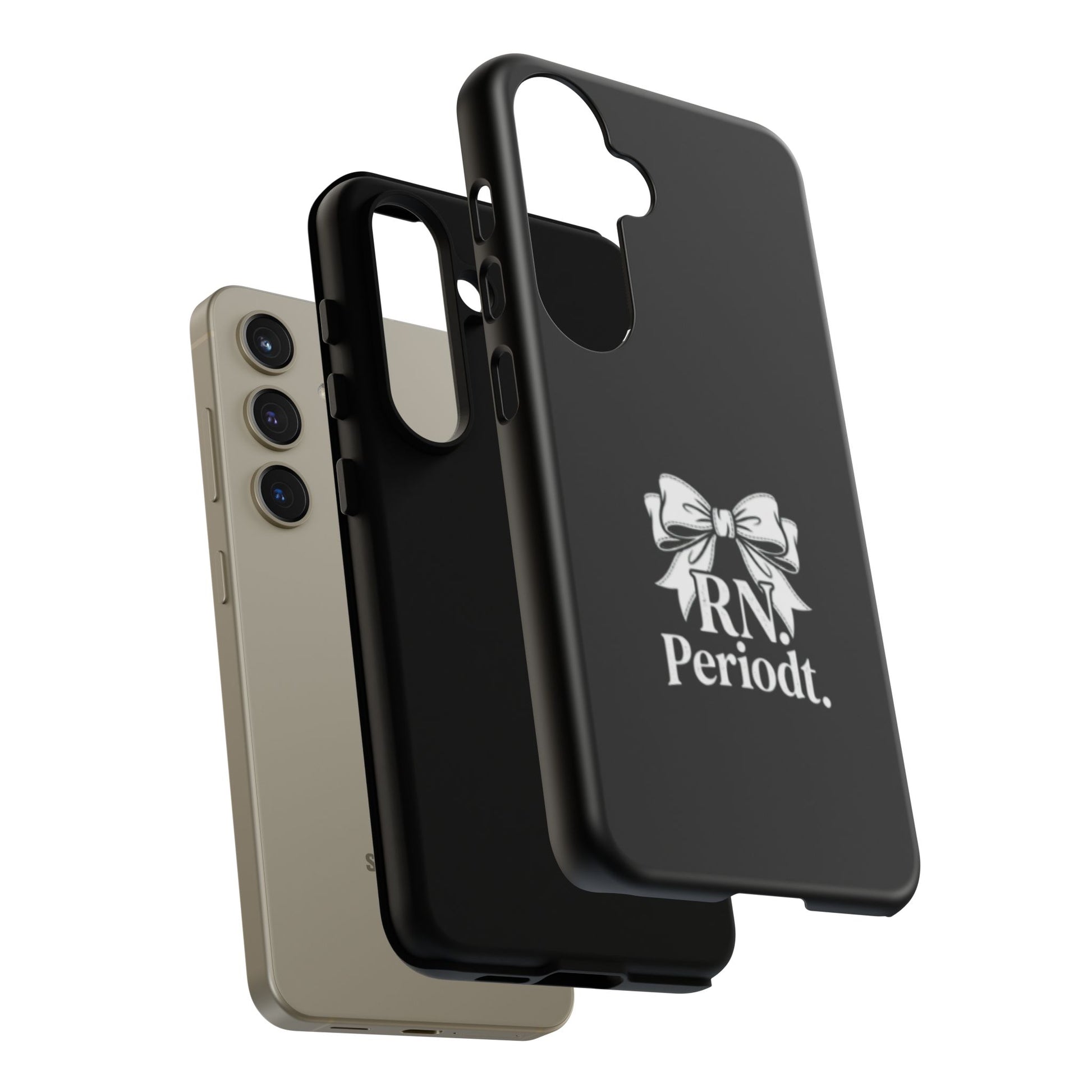 Front view of RN Phone Case with bold white bow print