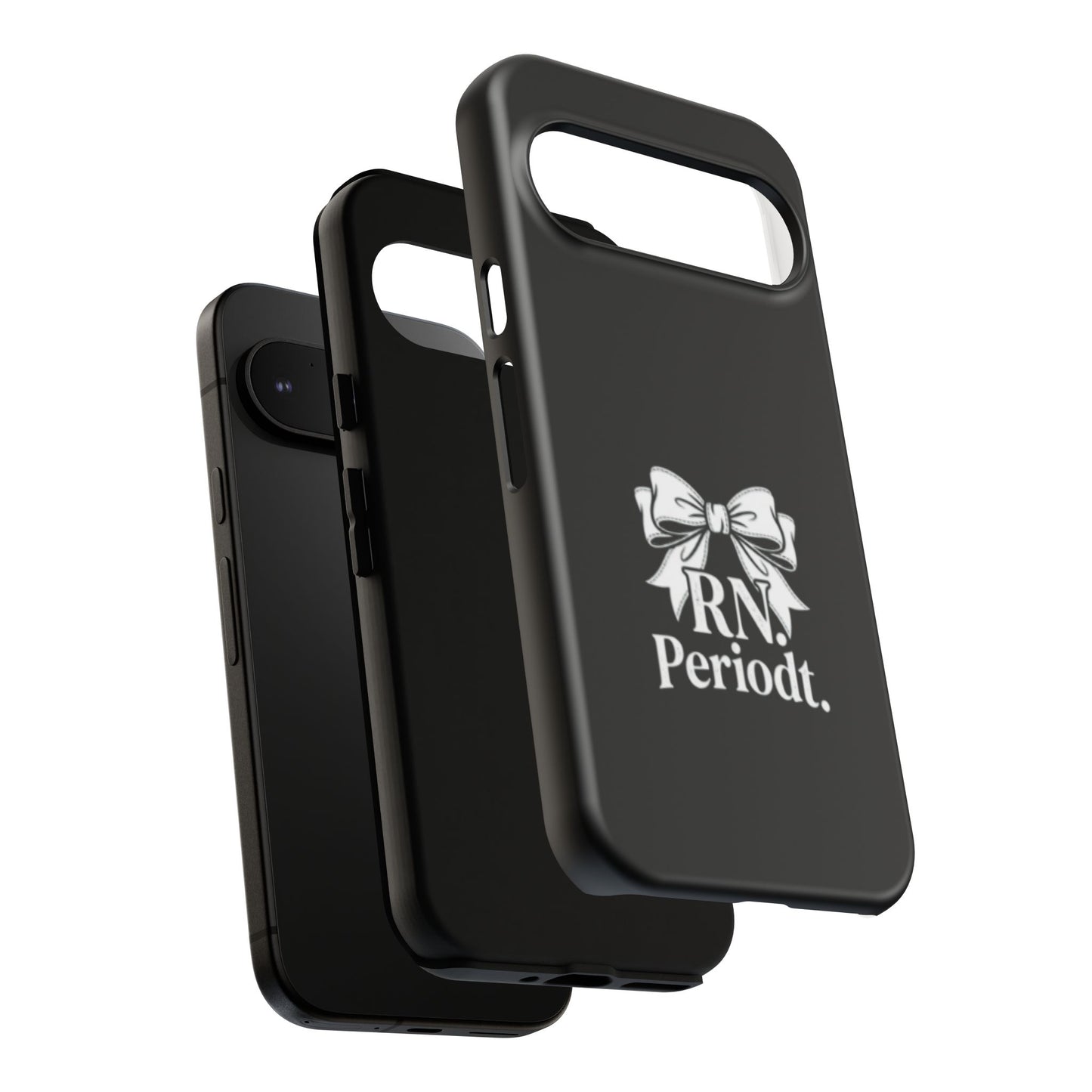 Front view of RN Phone Case with bold white bow print