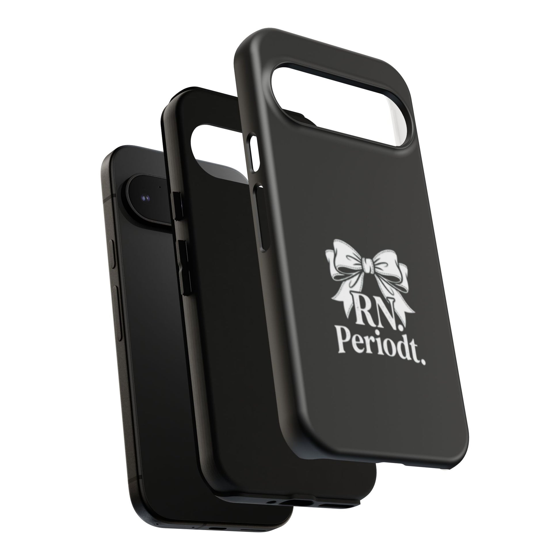 Front view of RN Phone Case with bold white bow print