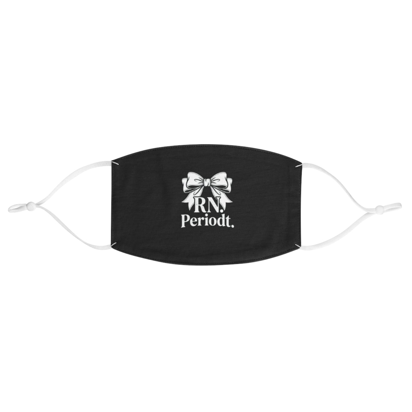 Front view of RN Face Mask with black fabric and white print