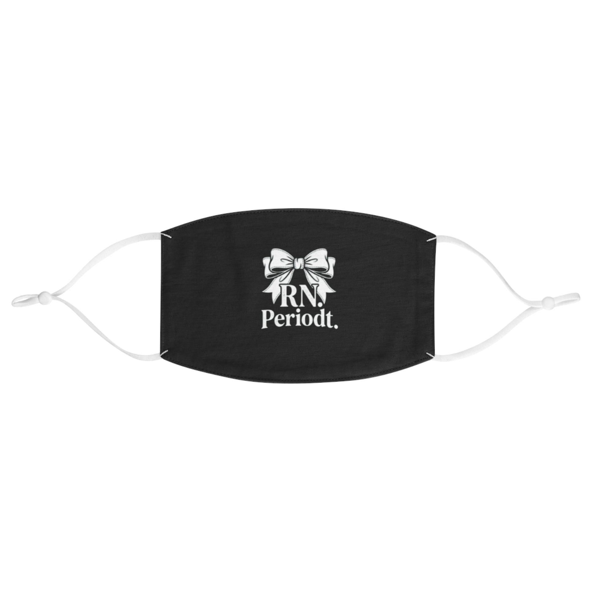 Front view of RN Face Mask with black fabric and white print