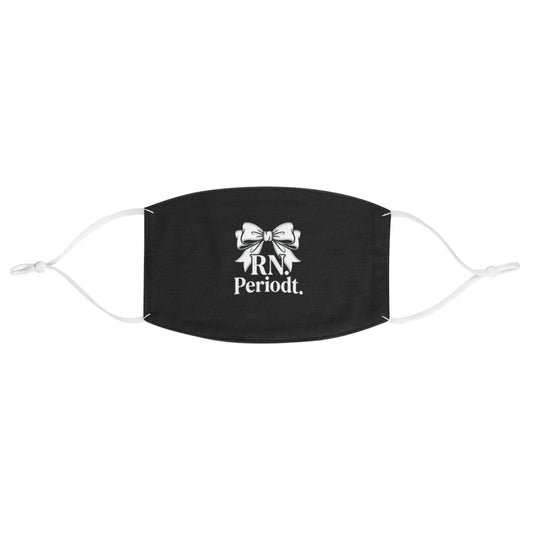 Front view of RN Face Mask with black fabric and white print