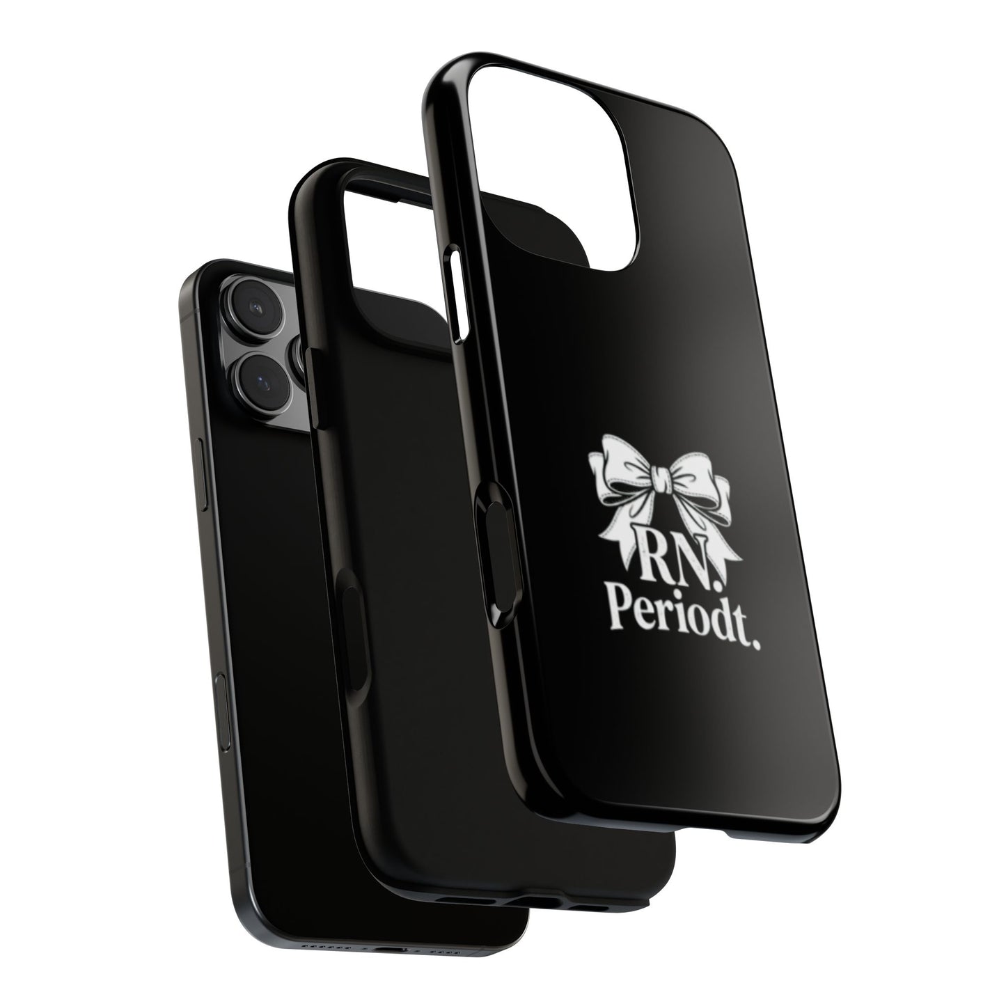 Front view of RN Phone Case with bold white bow print
