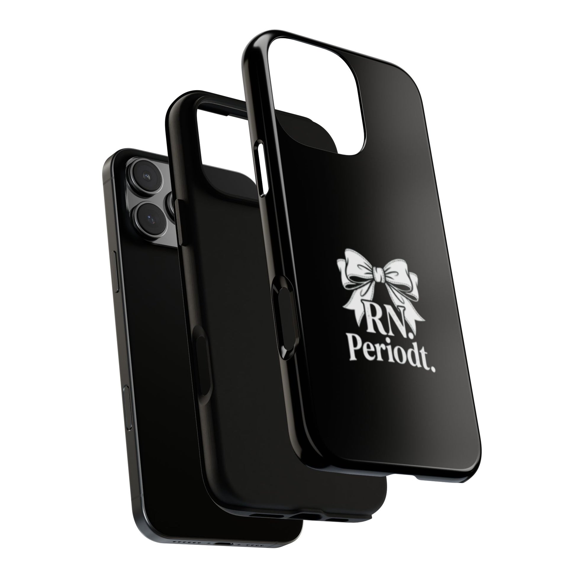 Front view of RN Phone Case with bold white bow print
