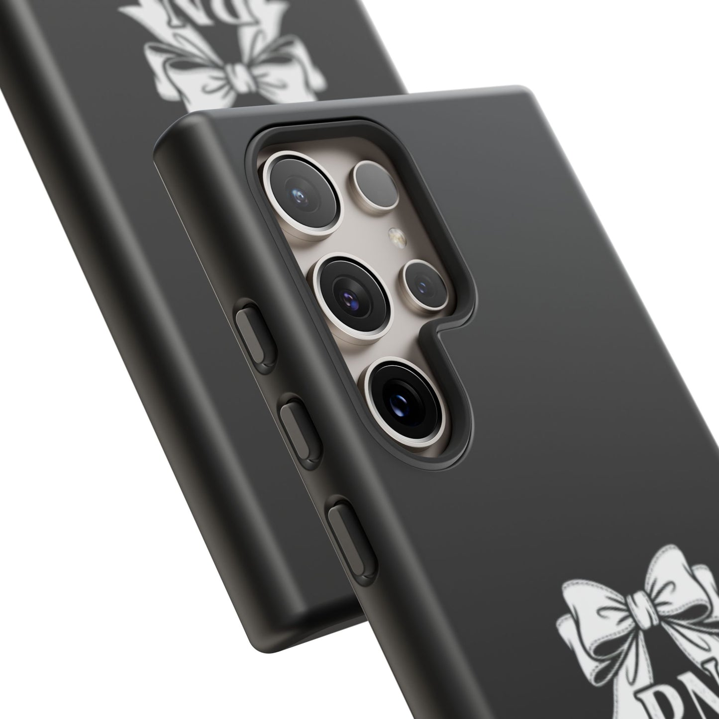 Front view of RN Phone Case with bold white bow print