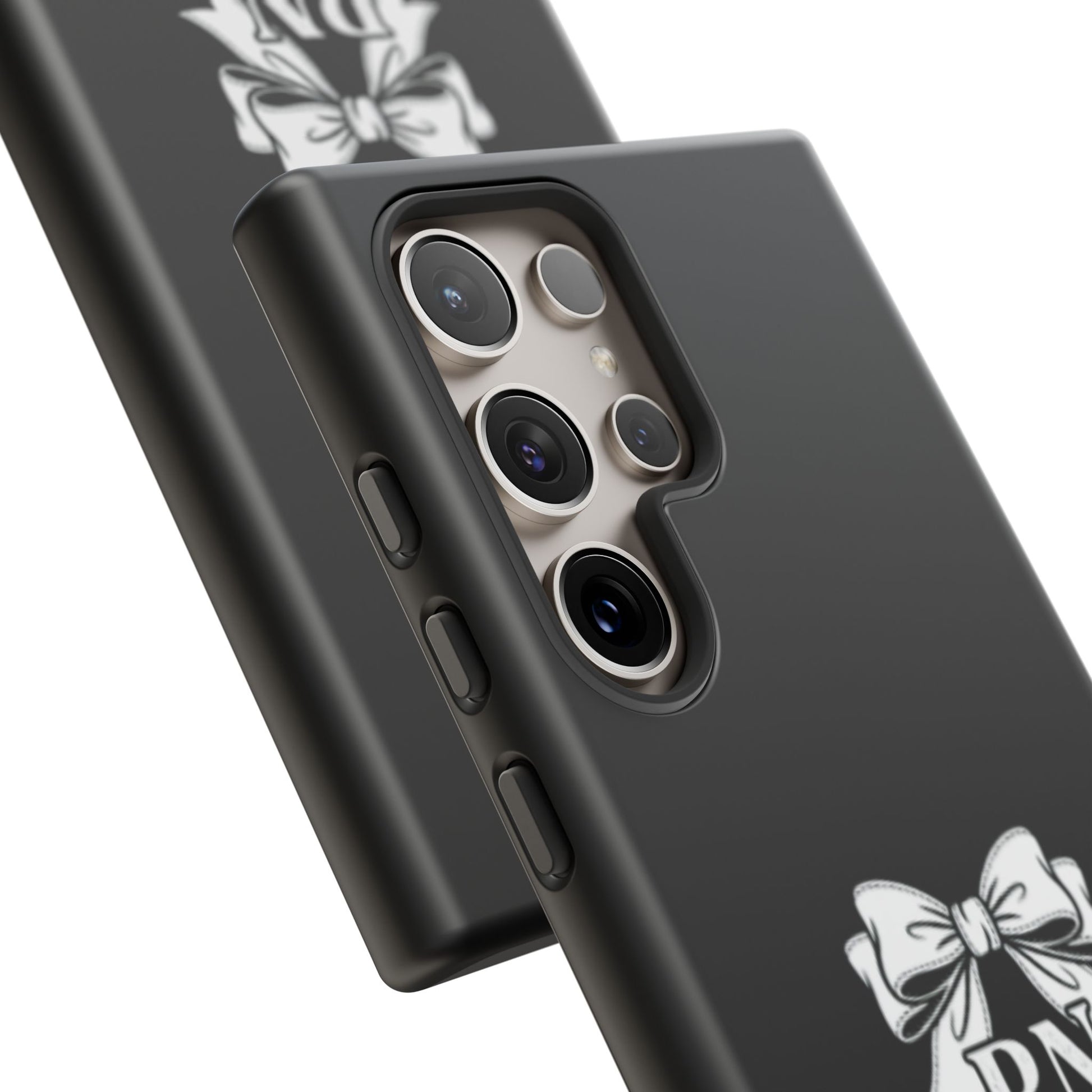Front view of RN Phone Case with bold white bow print