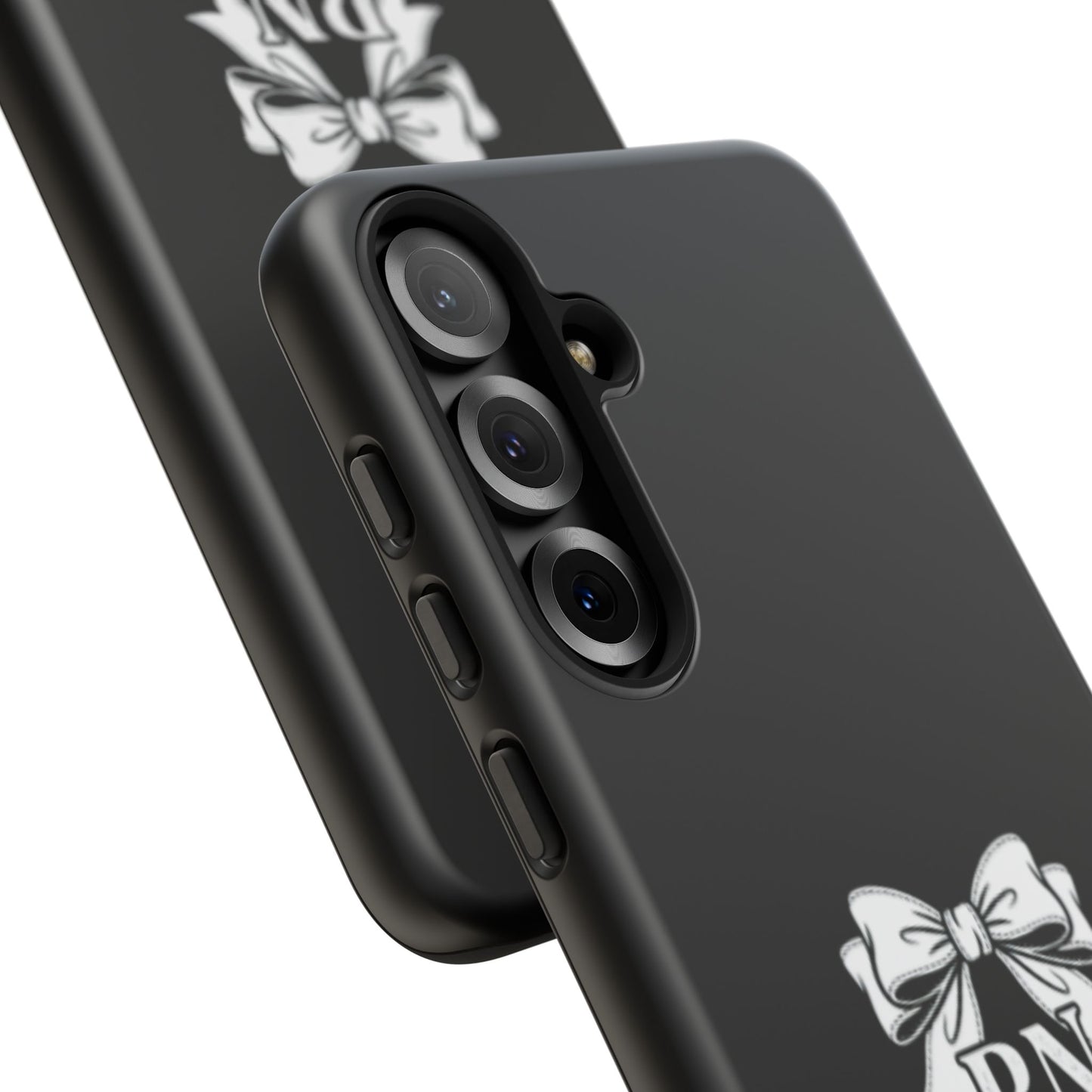 Front view of RN Phone Case with bold white bow print