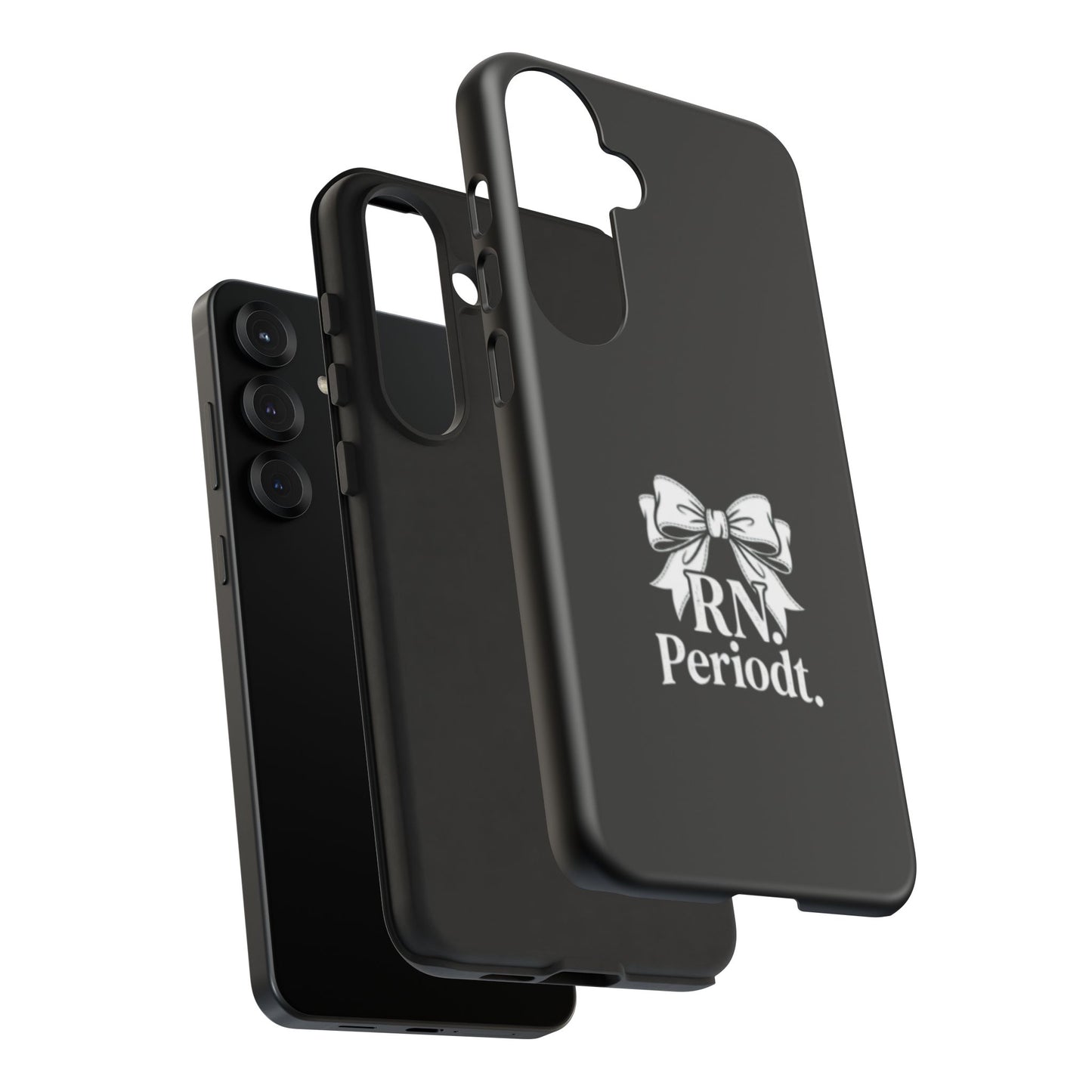 Front view of RN Phone Case with bold white bow print