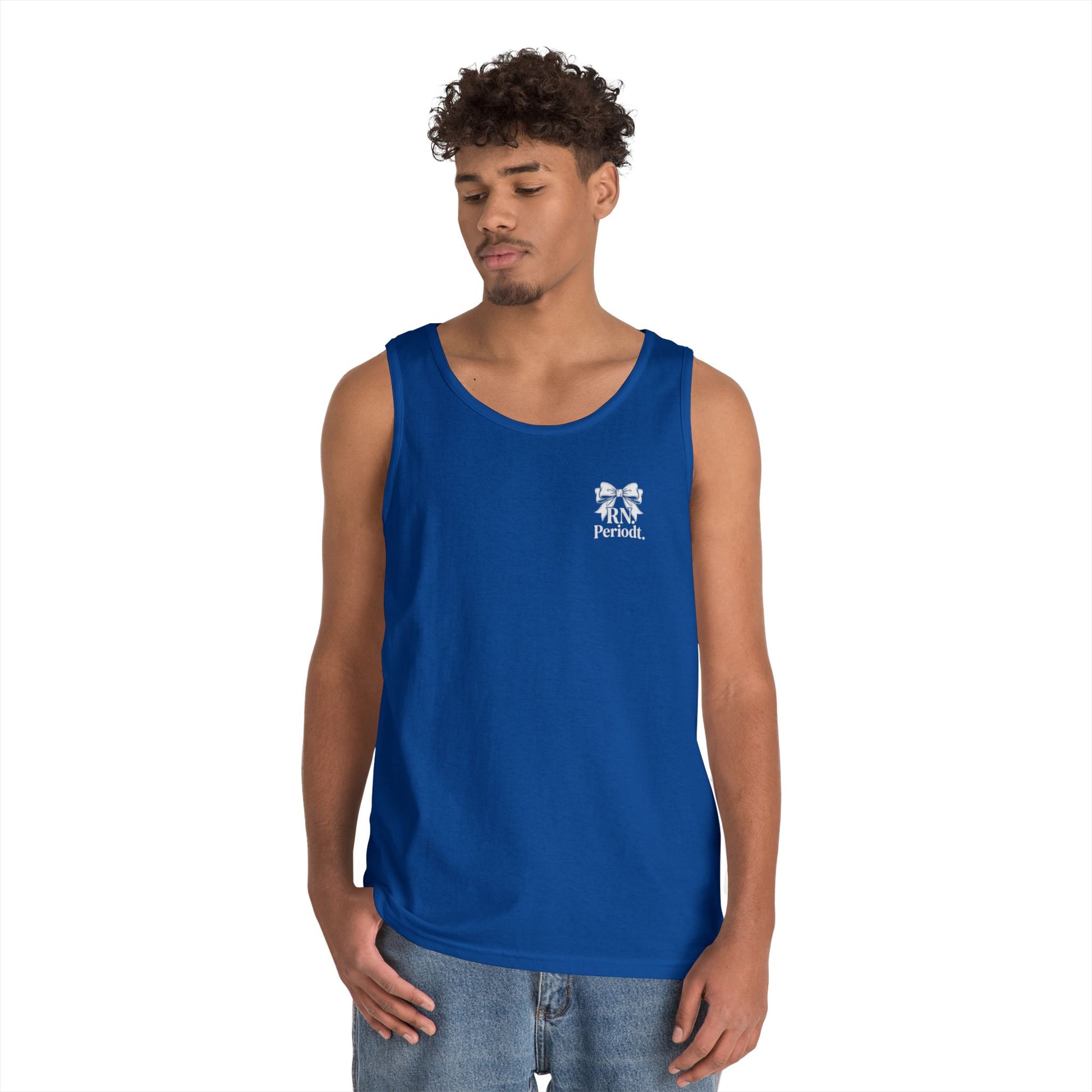 Bow Logo Tank Top worn layered under open shirt style