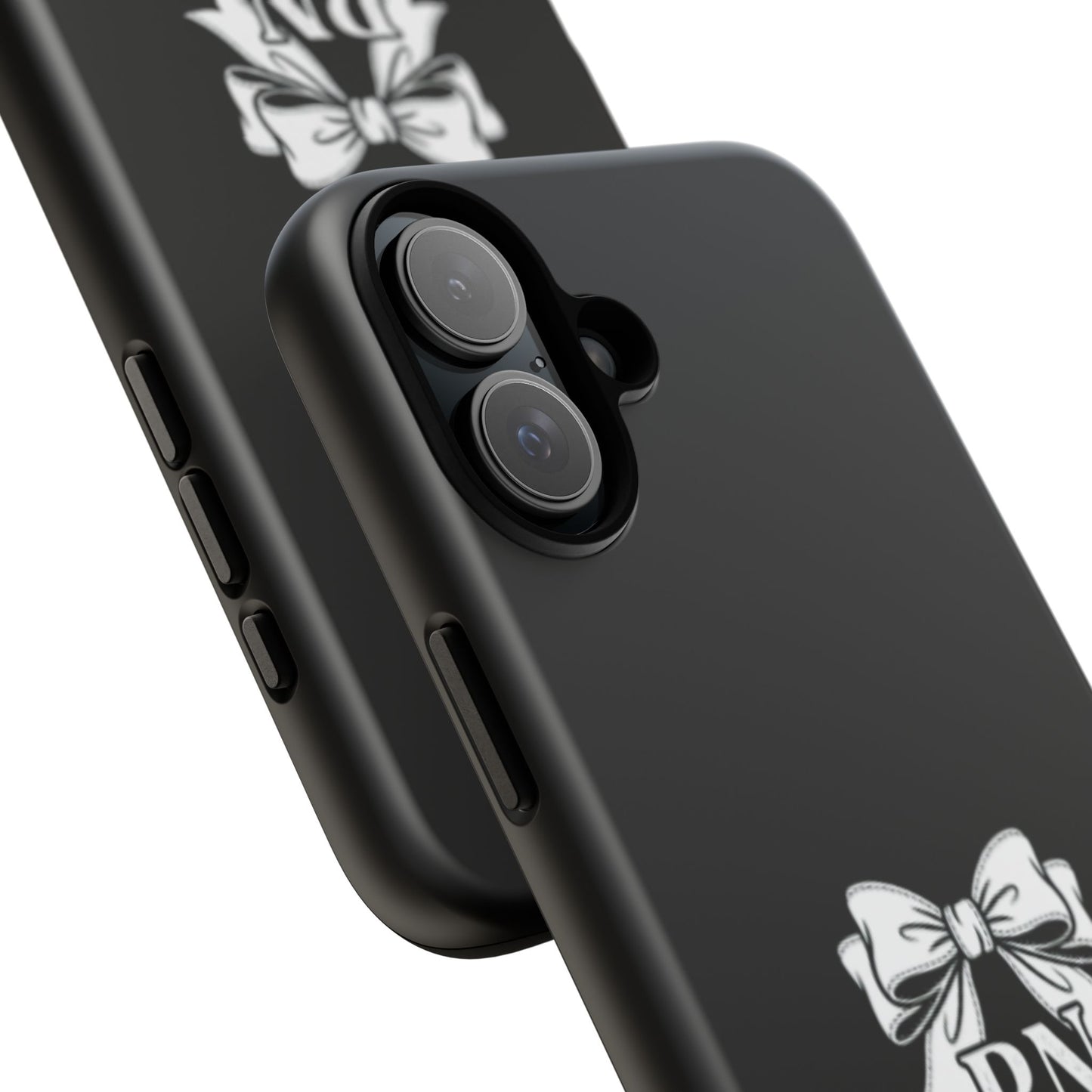 Front view of RN Phone Case with bold white bow print