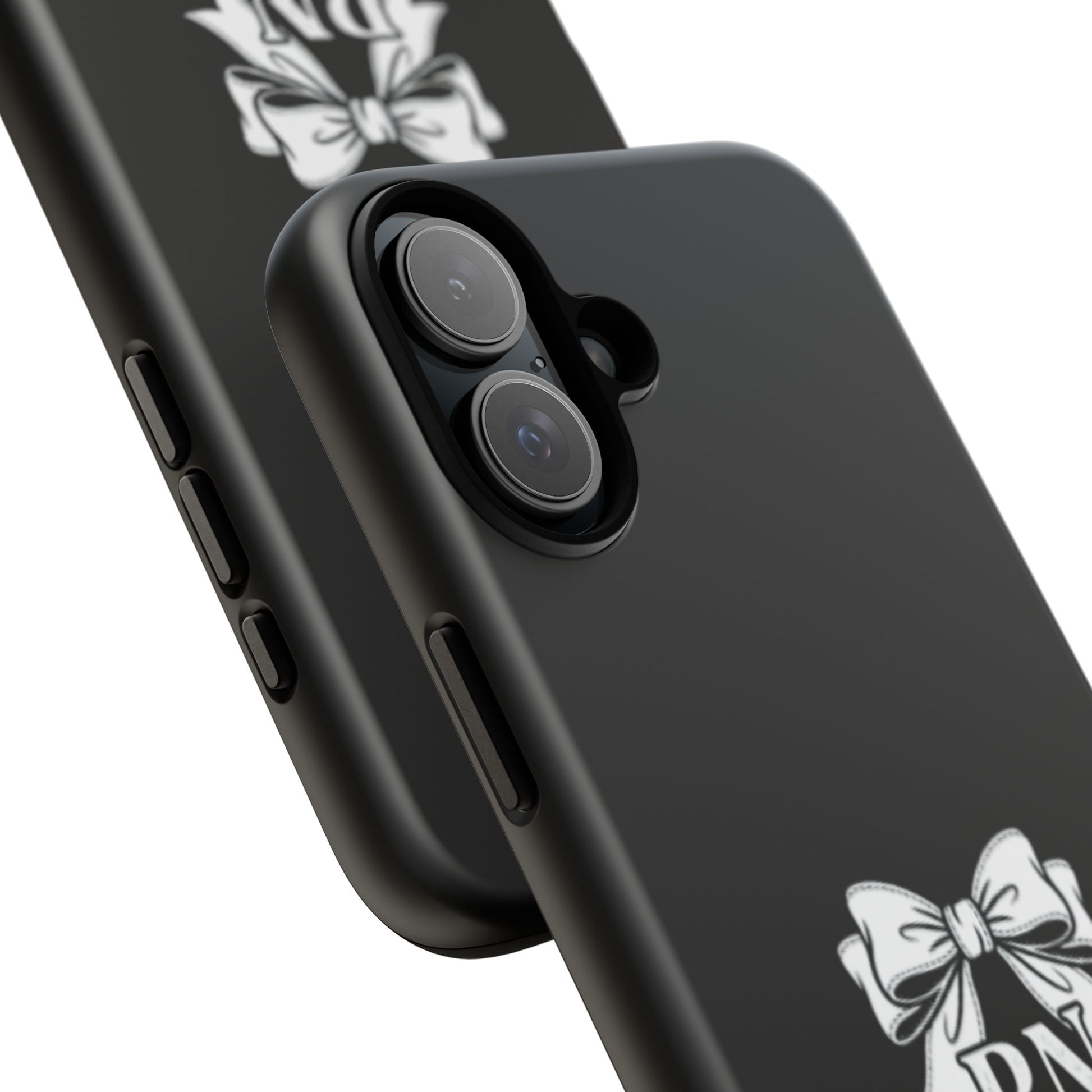 Front view of RN Phone Case with bold white bow print