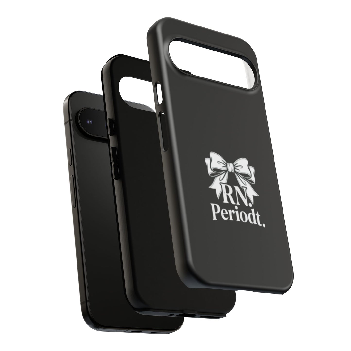 Front view of RN Phone Case with bold white bow print