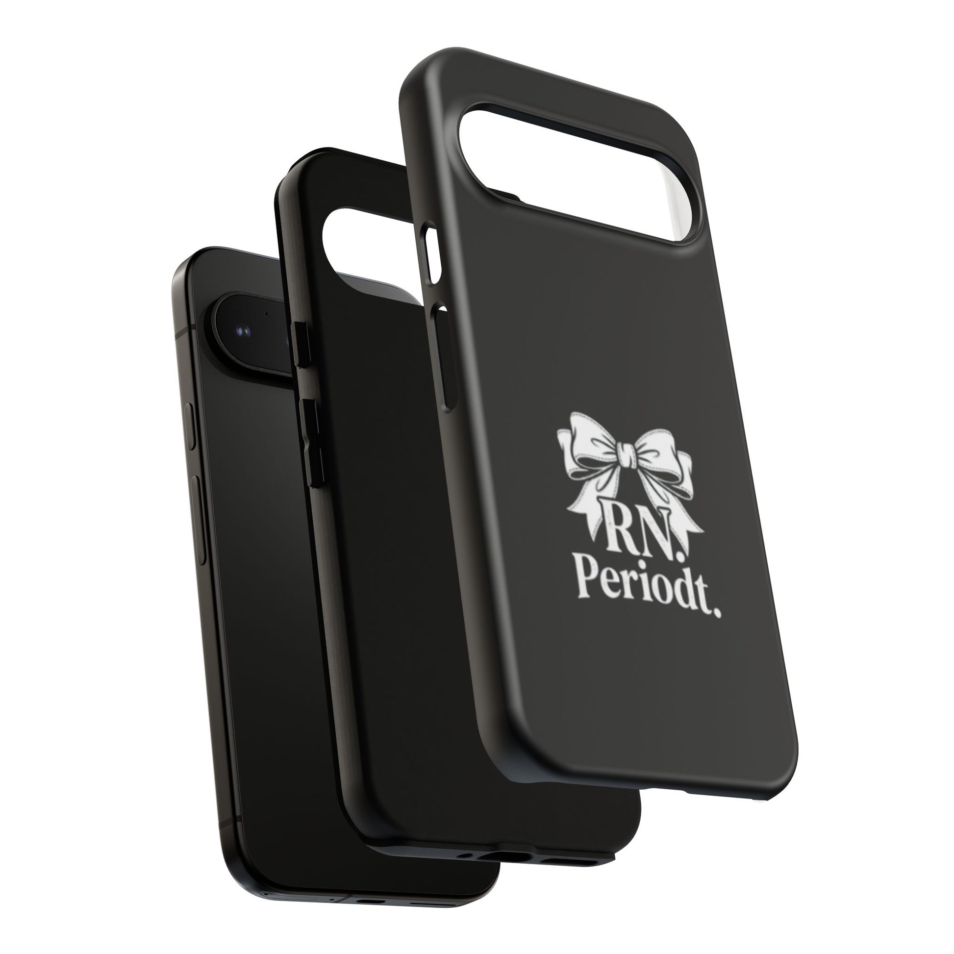 Front view of RN Phone Case with bold white bow print