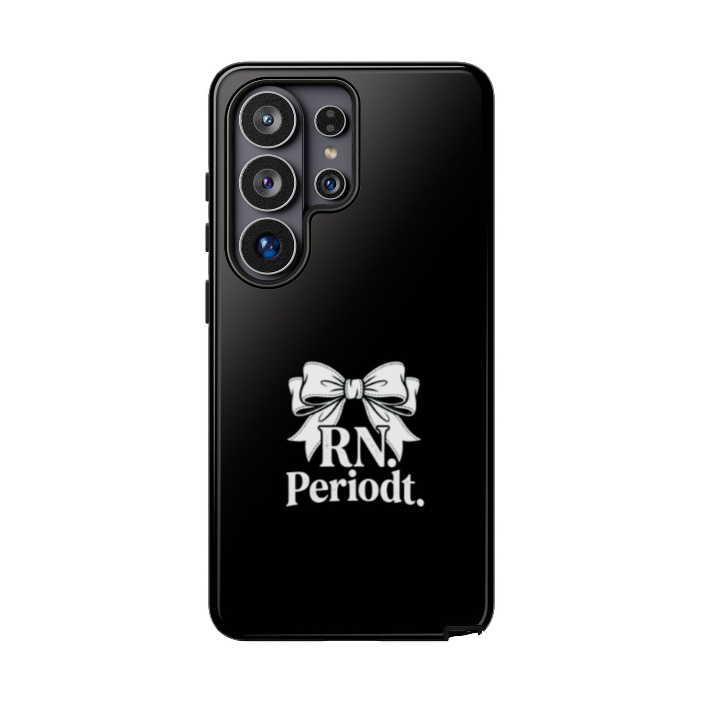 Front view of RN Phone Case with bold white bow print