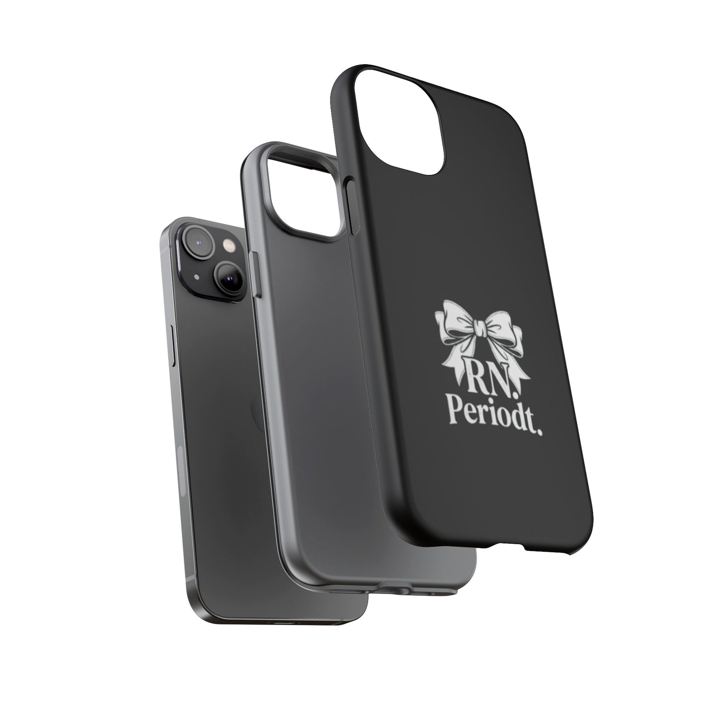 Front view of RN Phone Case with bold white bow print