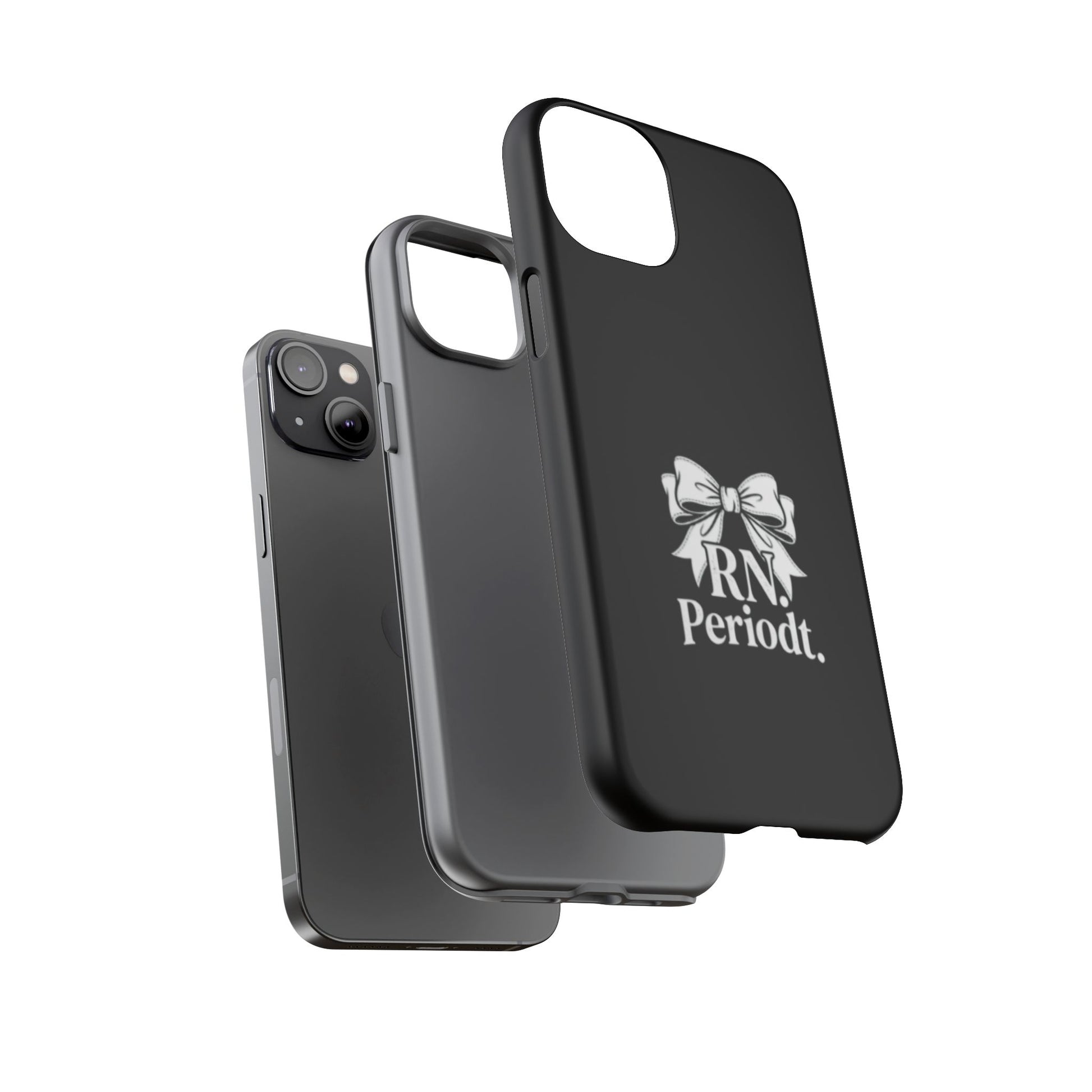 Front view of RN Phone Case with bold white bow print