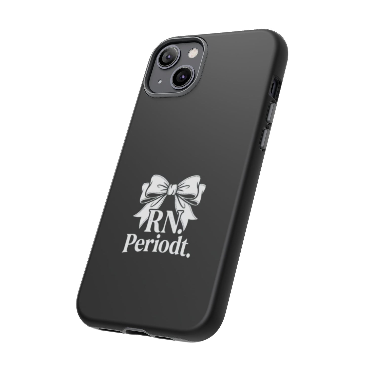 Front view of RN Phone Case with bold white bow print