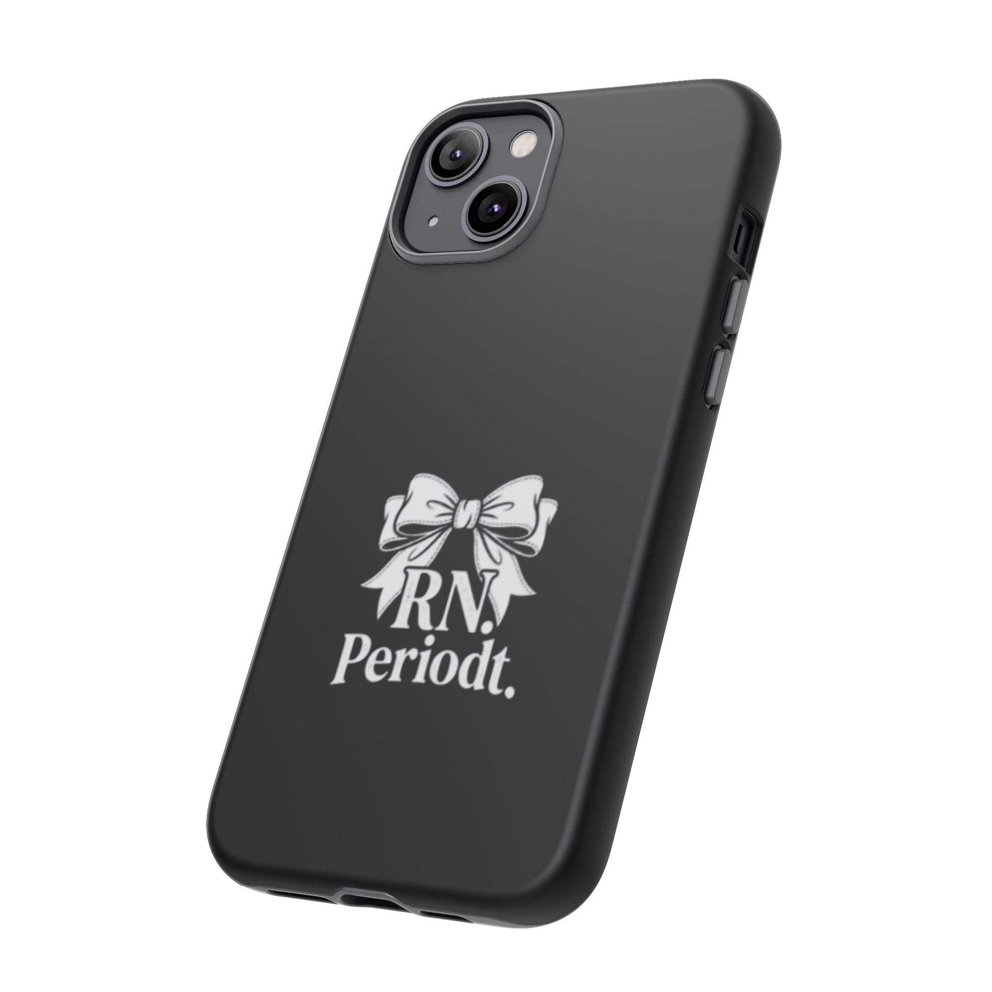 Front view of RN Phone Case with bold white bow print