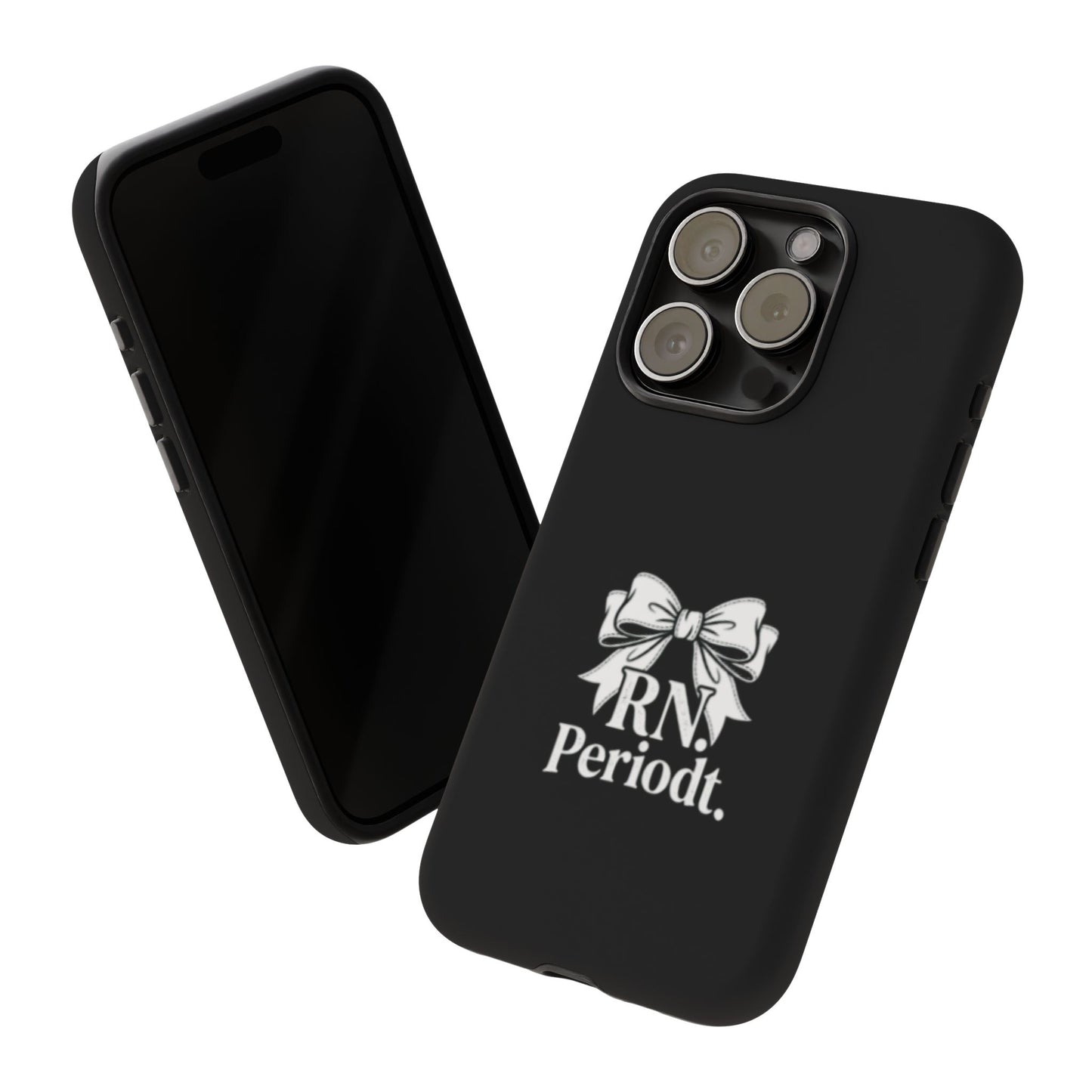 Front view of RN Phone Case with bold white bow print