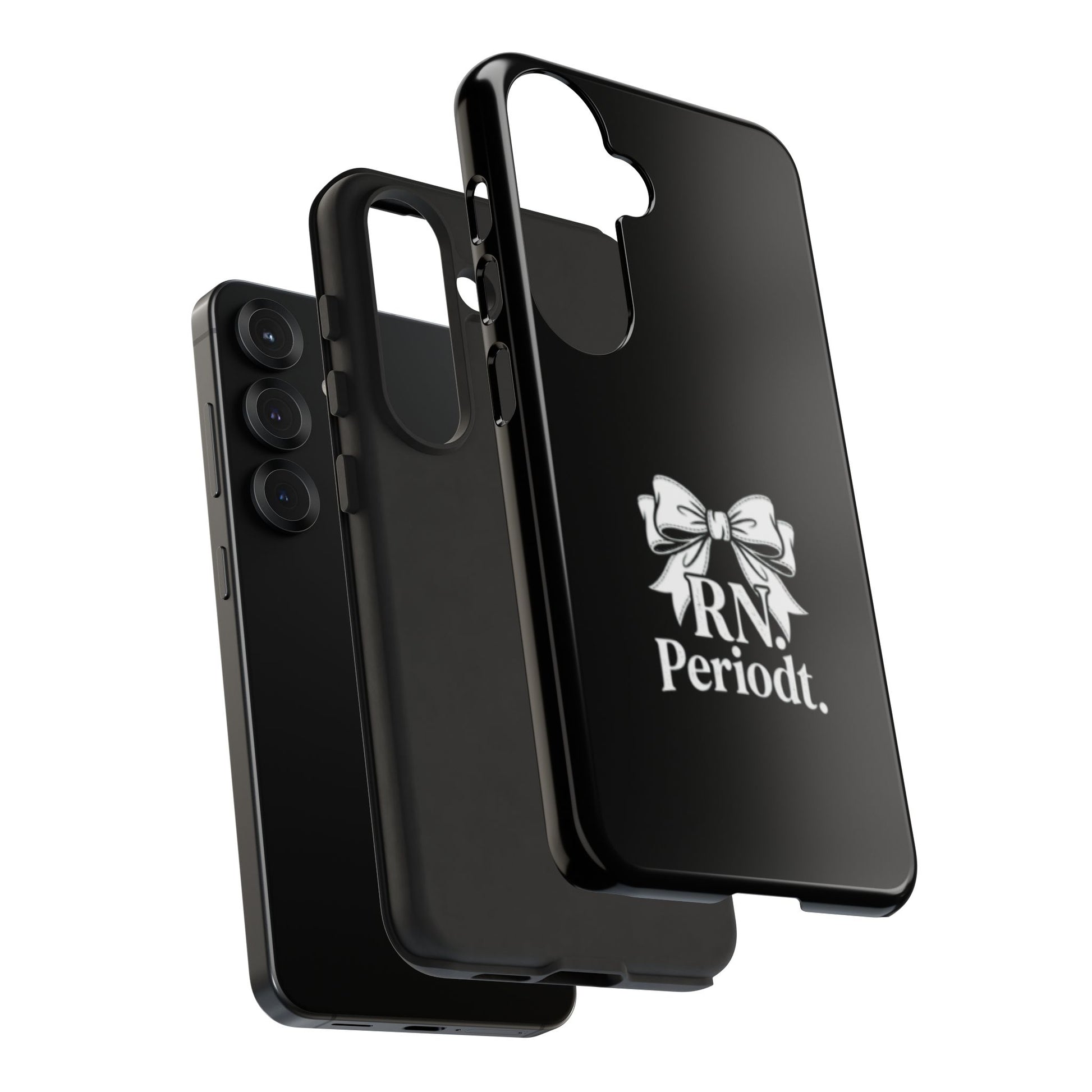 Front view of RN Phone Case with bold white bow print