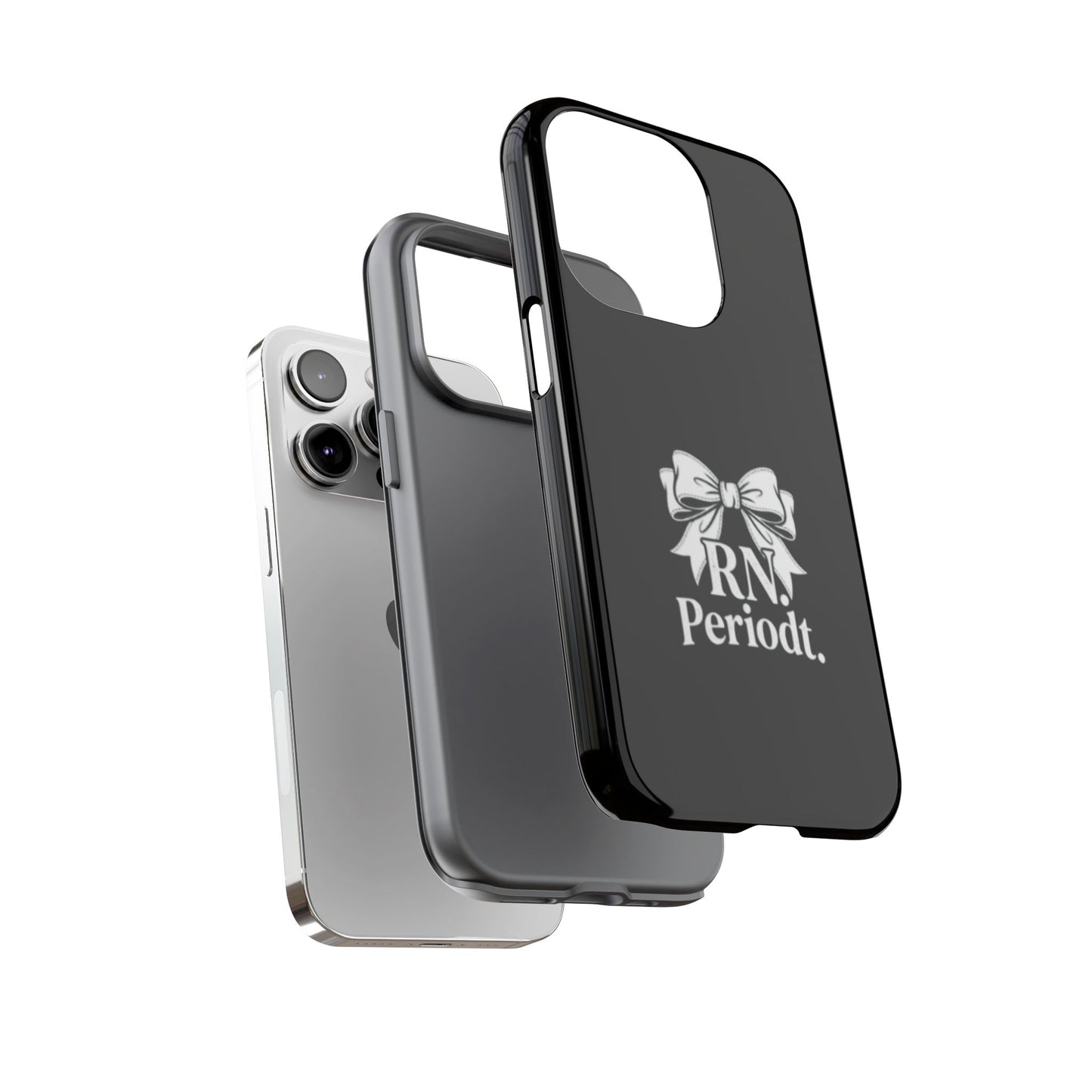 Front view of RN Phone Case with bold white bow print