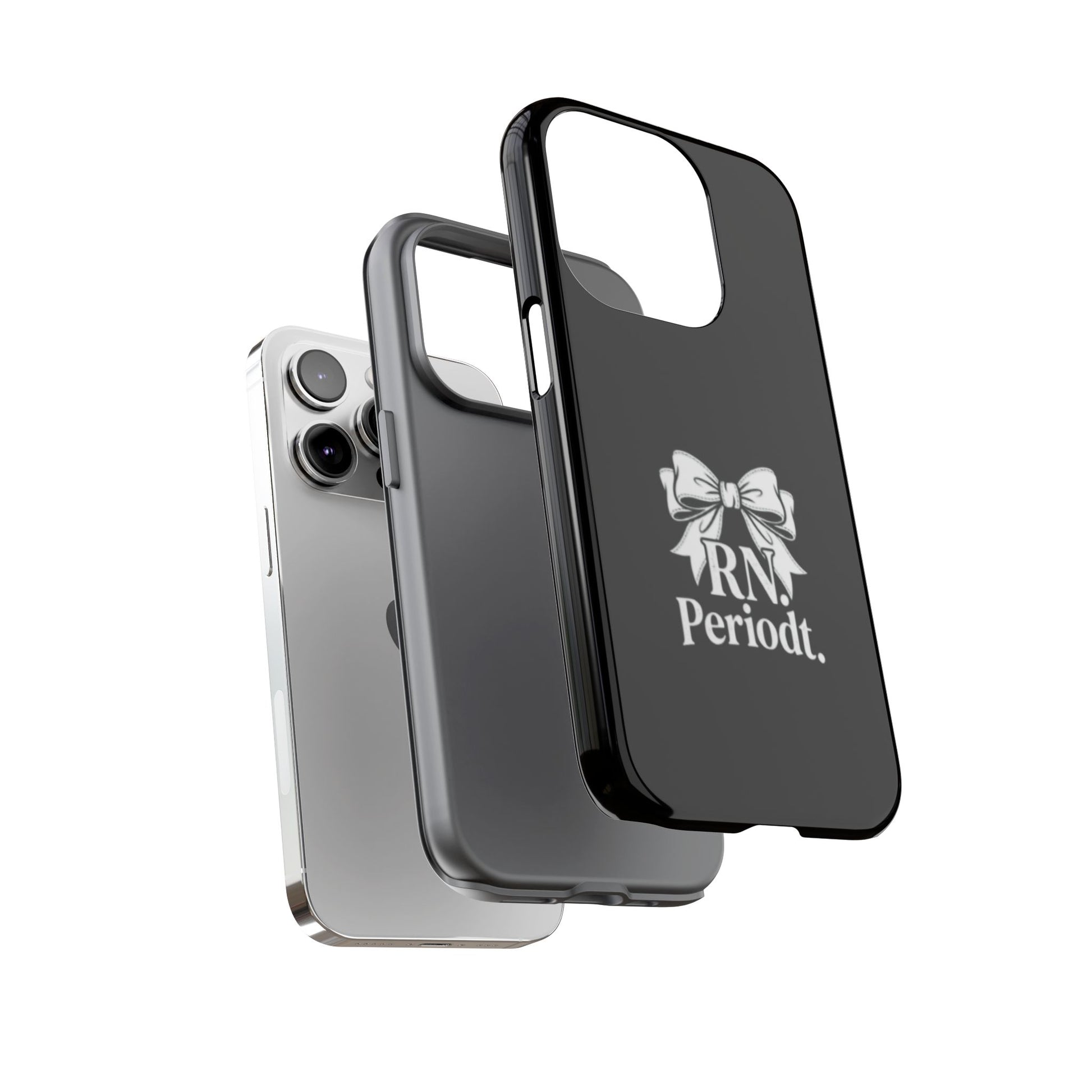 Front view of RN Phone Case with bold white bow print
