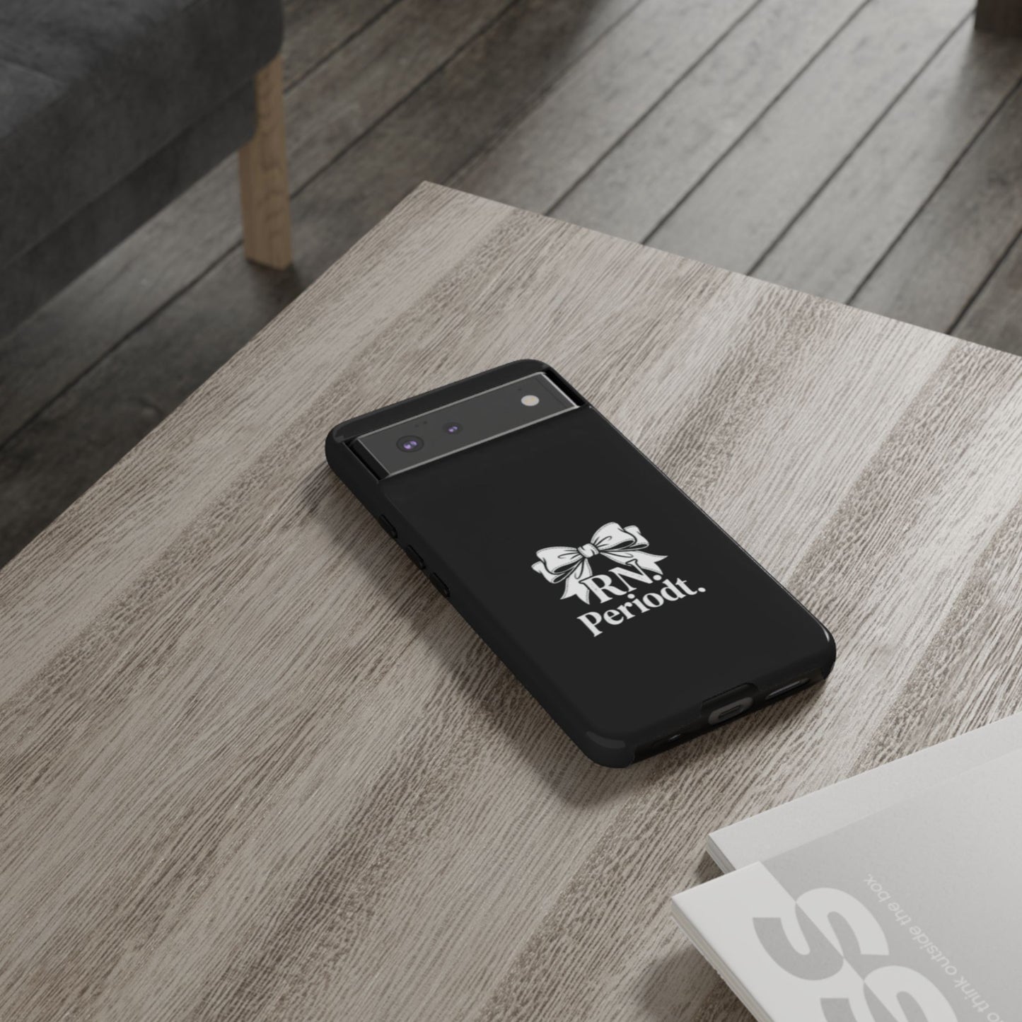 Front view of RN Phone Case with bold white bow print
