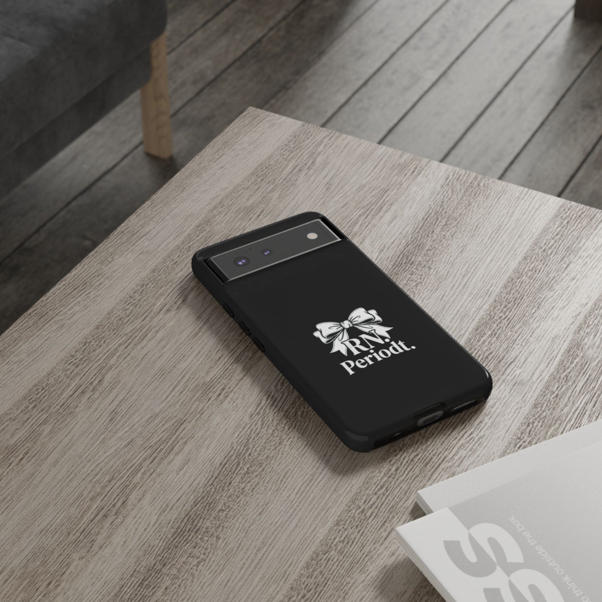 Front view of RN Phone Case with bold white bow print