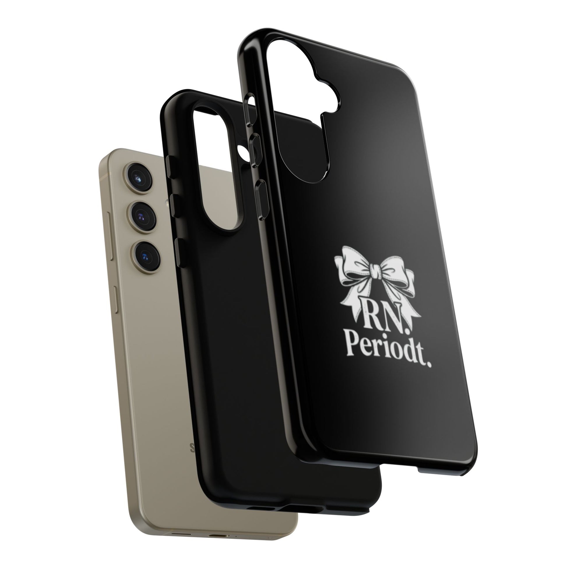 Front view of RN Phone Case with bold white bow print