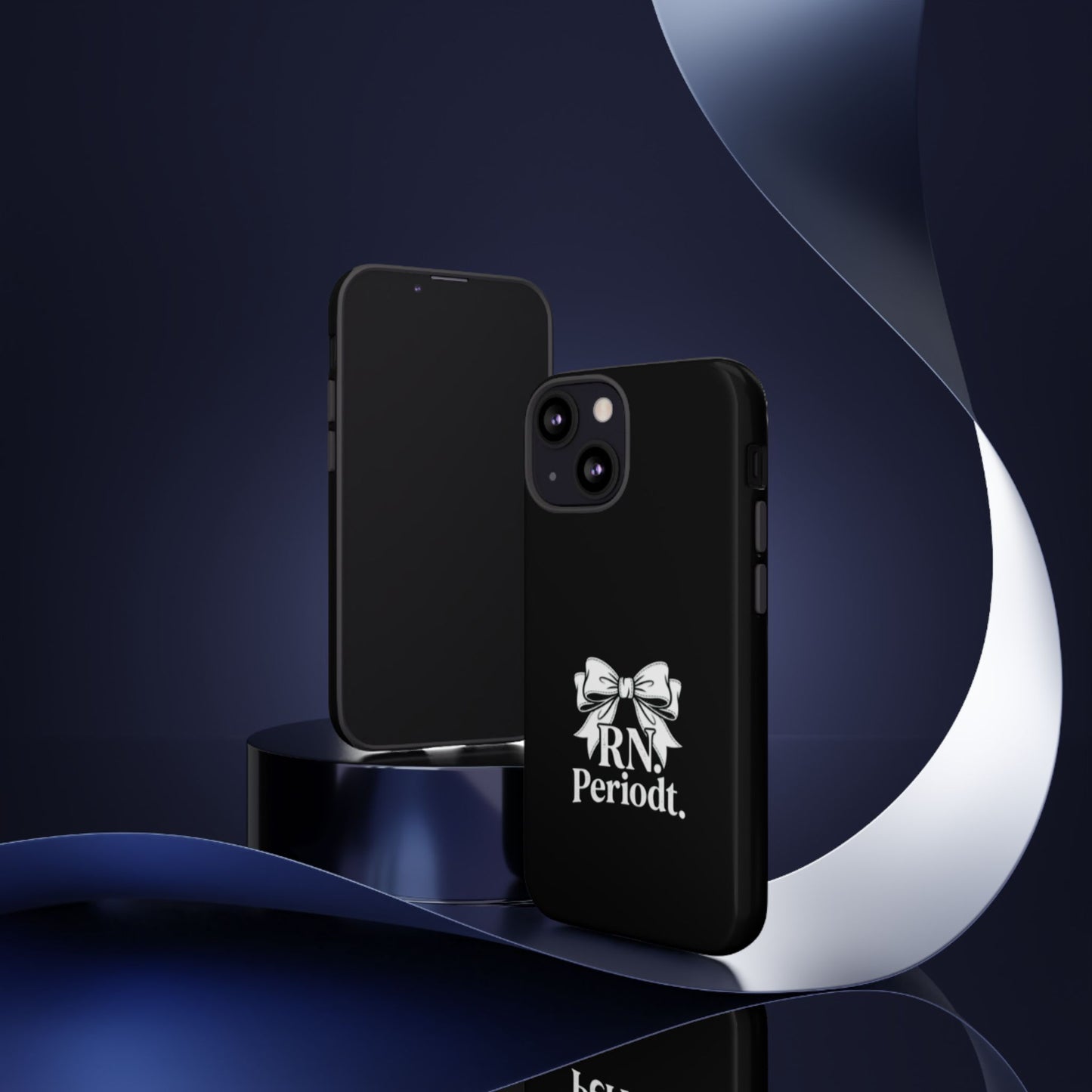 Front view of RN Phone Case with bold white bow print