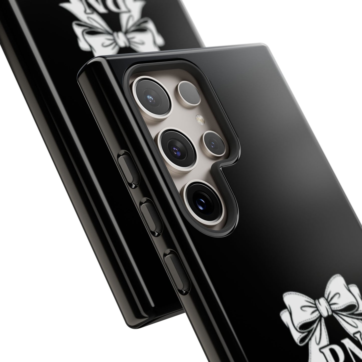 Front view of RN Phone Case with bold white bow print
