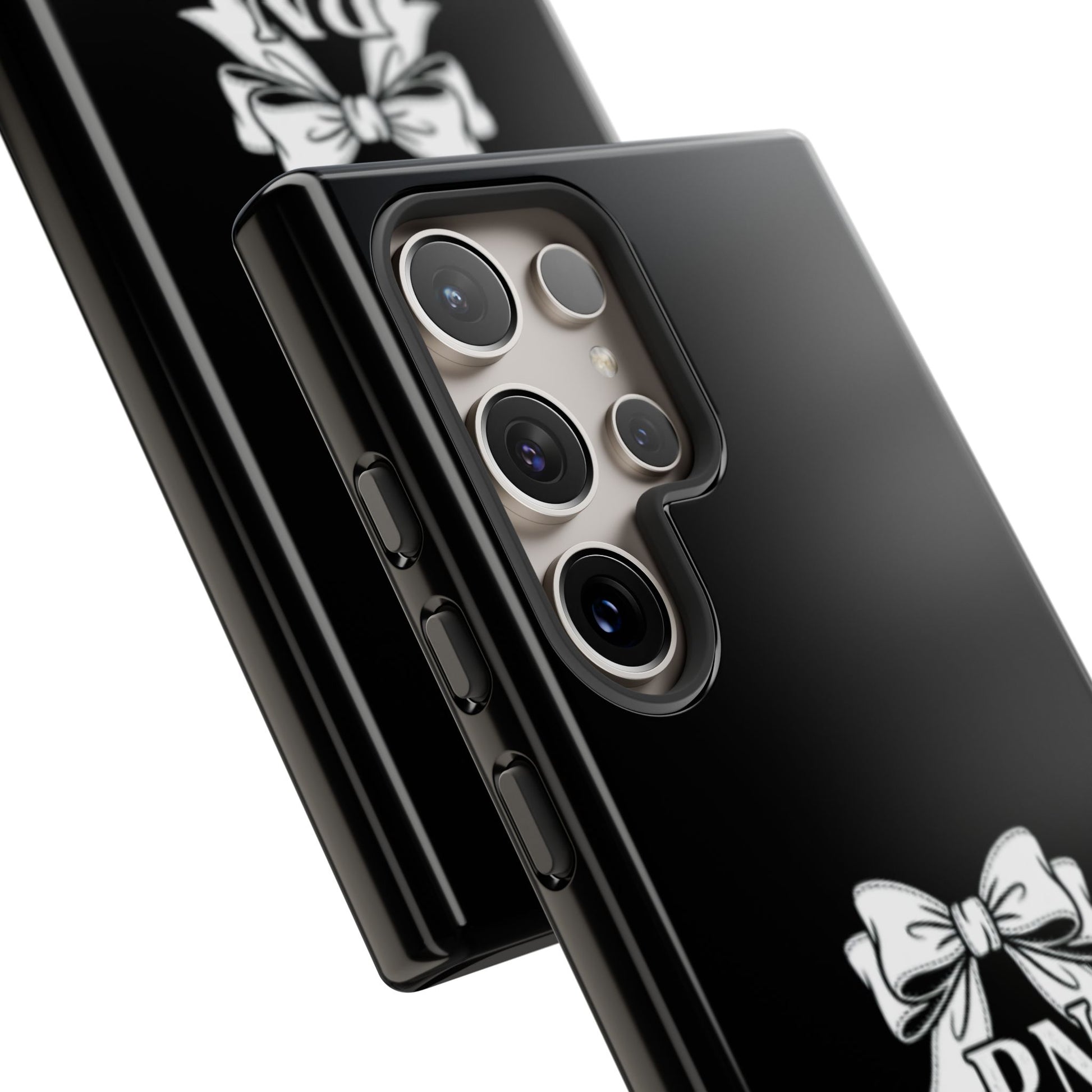 Front view of RN Phone Case with bold white bow print