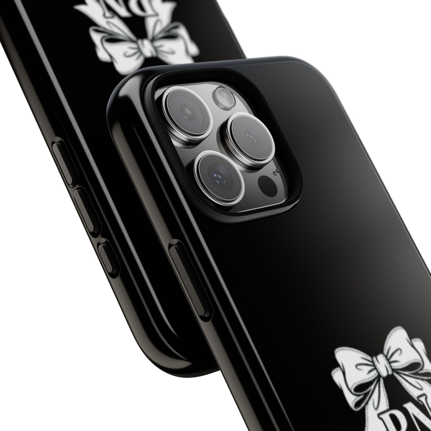 Front view of RN Phone Case with bold white bow print