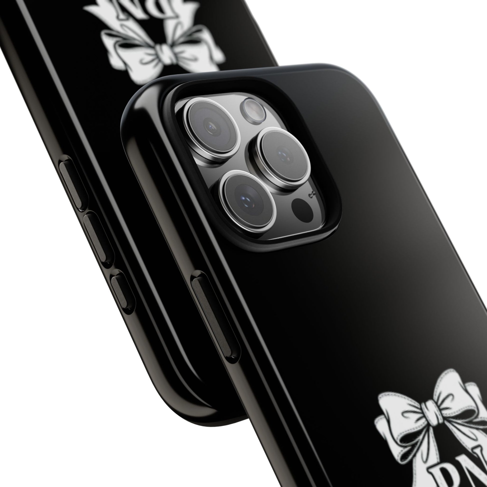 Front view of RN Phone Case with bold white bow print