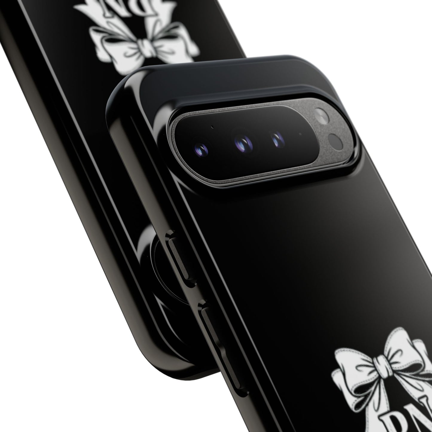 Front view of RN Phone Case with bold white bow print