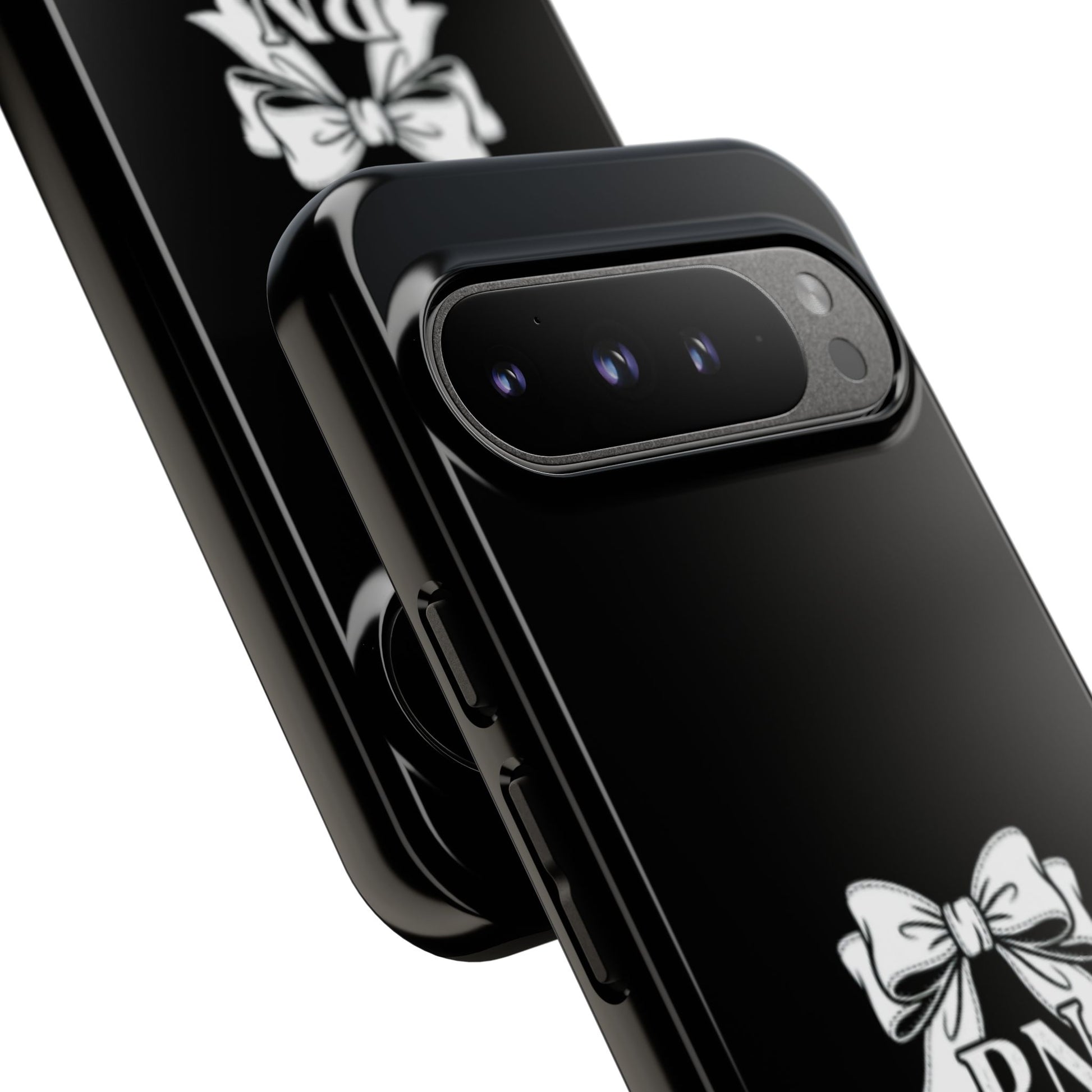Front view of RN Phone Case with bold white bow print