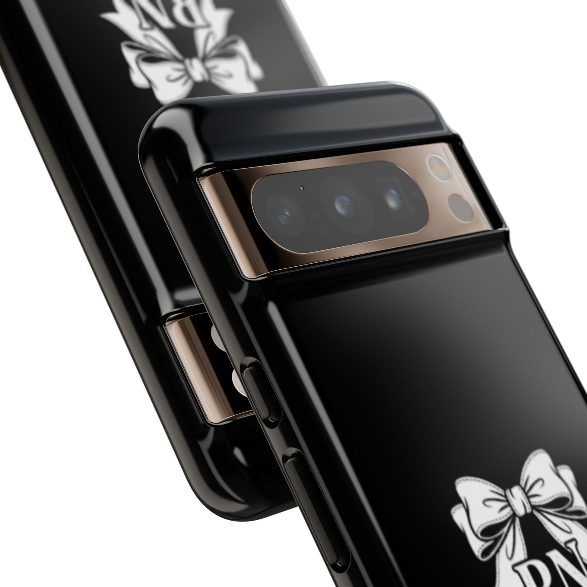 Front view of RN Phone Case with bold white bow print