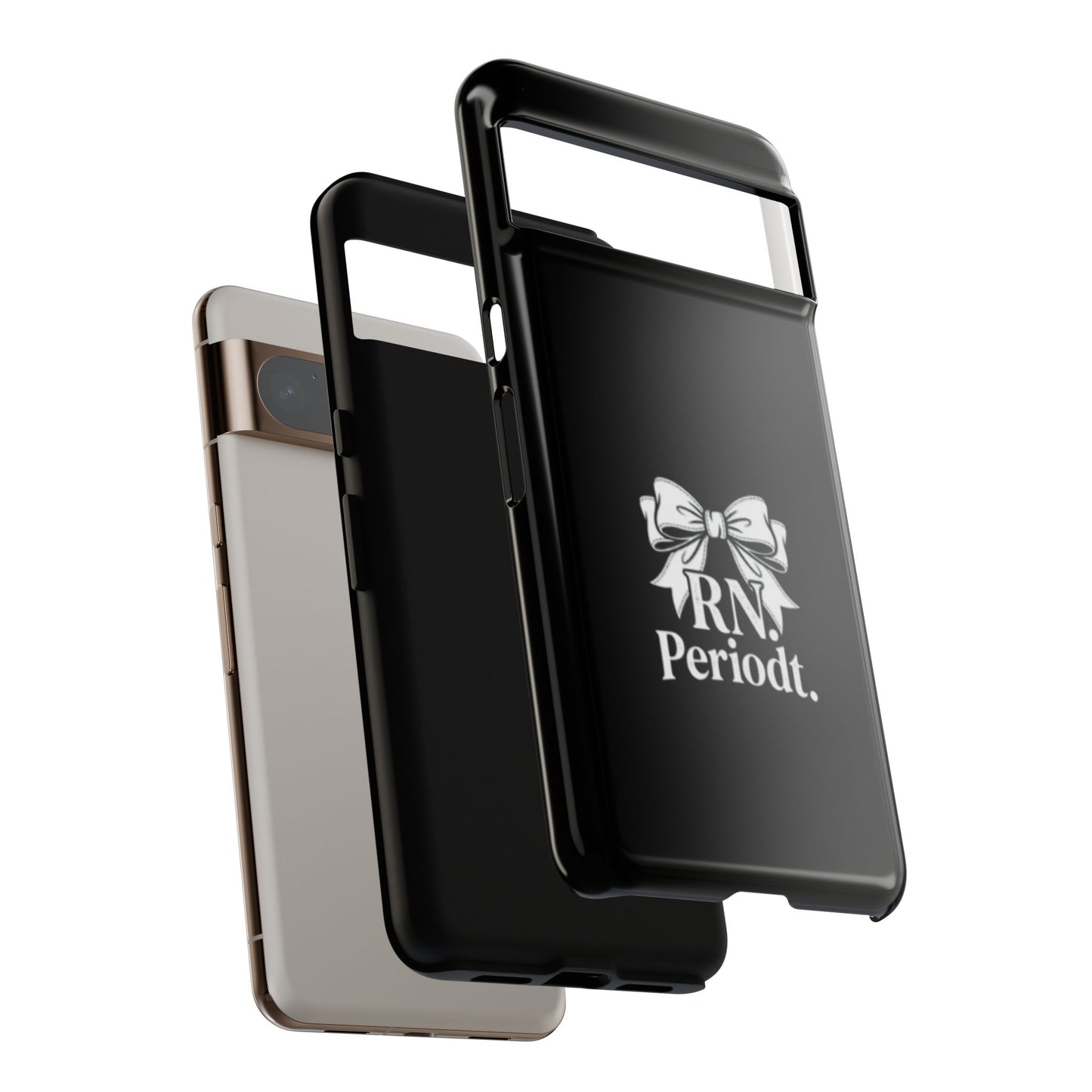Front view of RN Phone Case with bold white bow print
