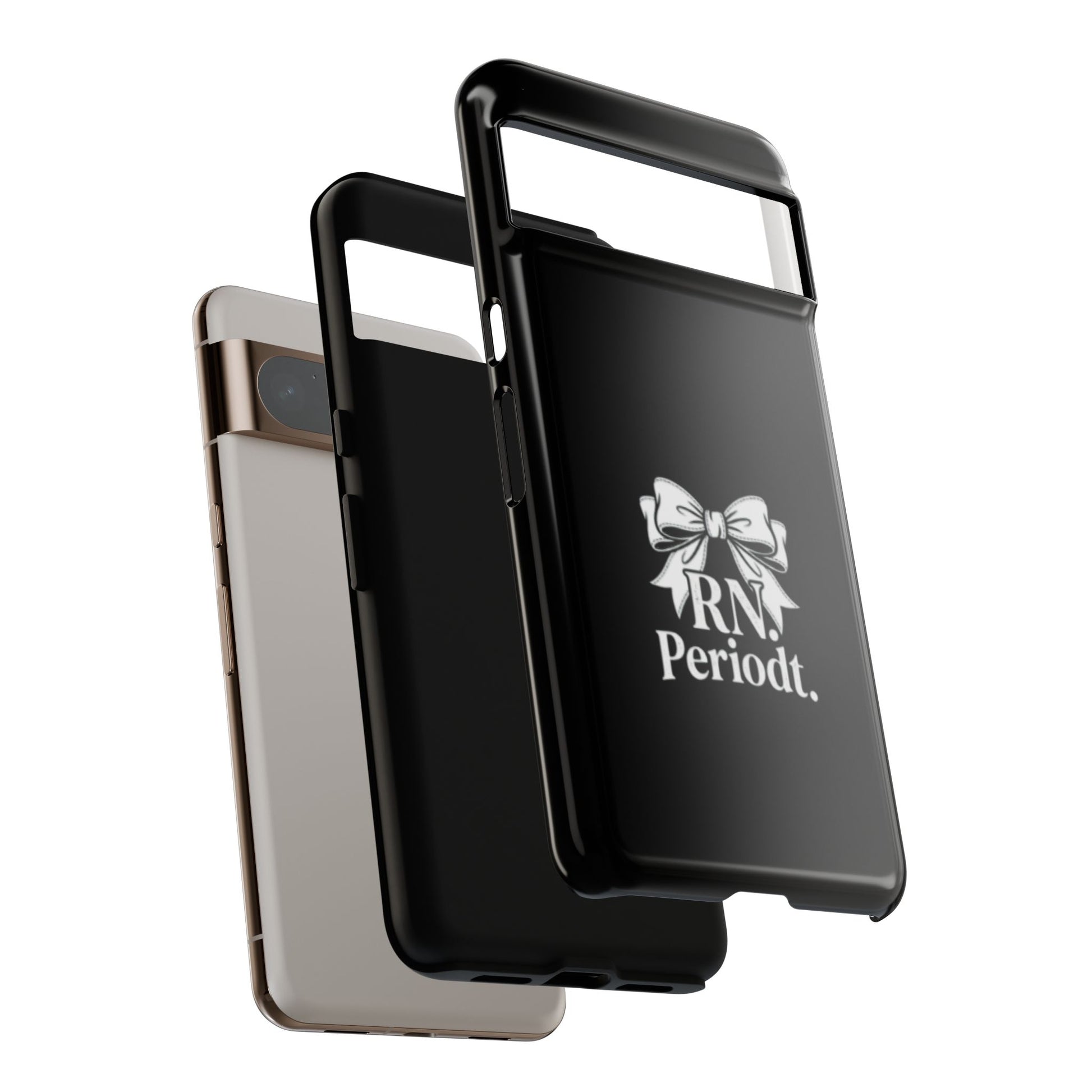 Front view of RN Phone Case with bold white bow print