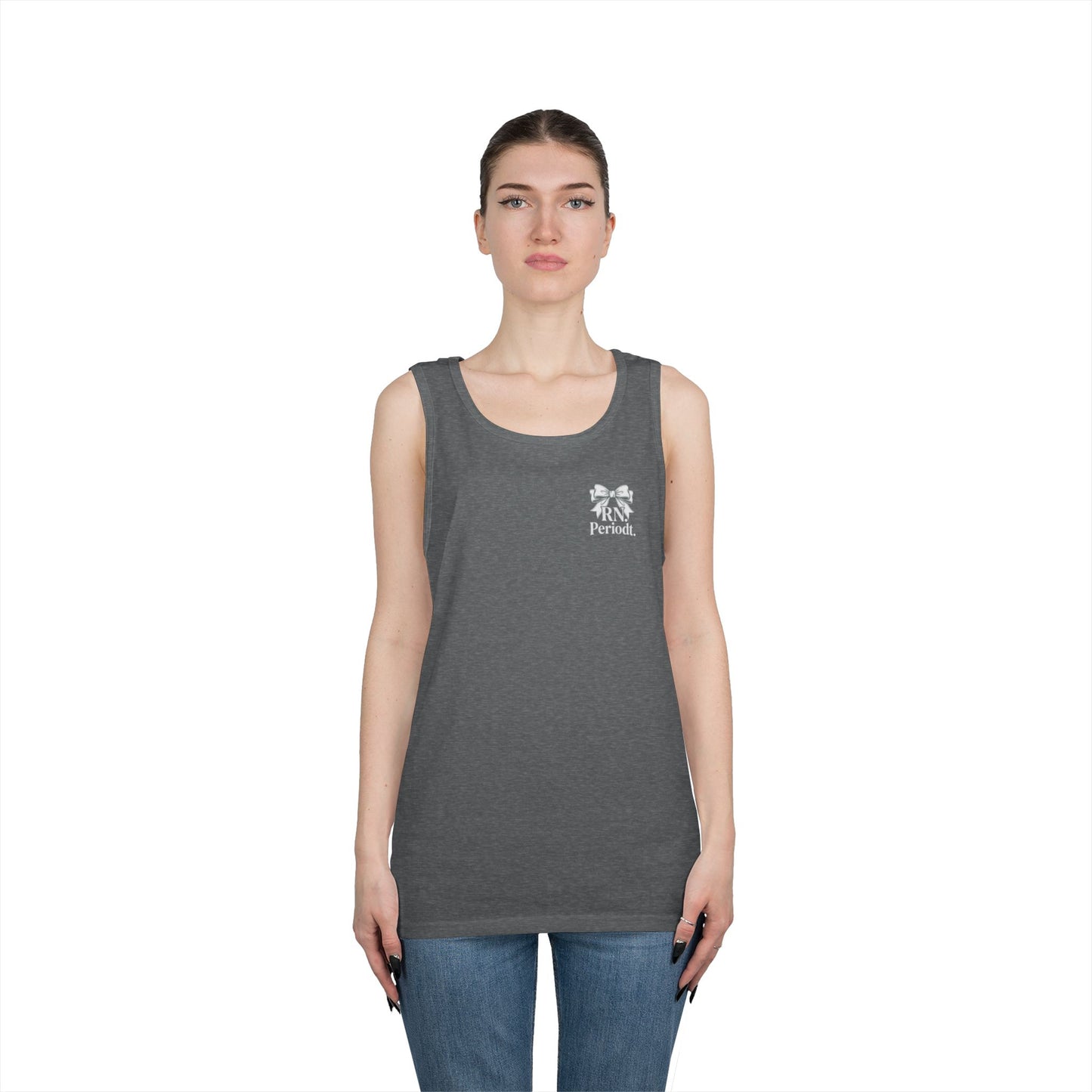 Bow Logo Tank Top worn layered under open shirt style