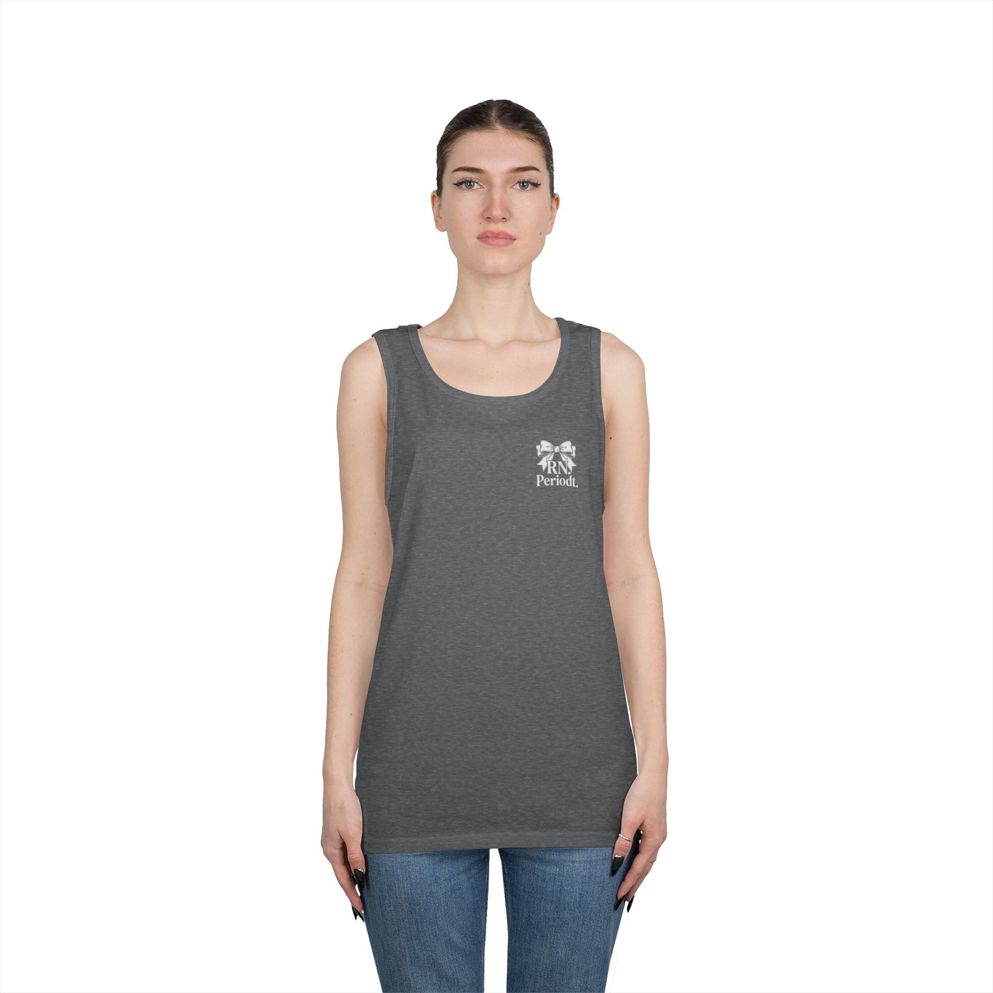 Bow Logo Tank Top worn layered under open shirt style